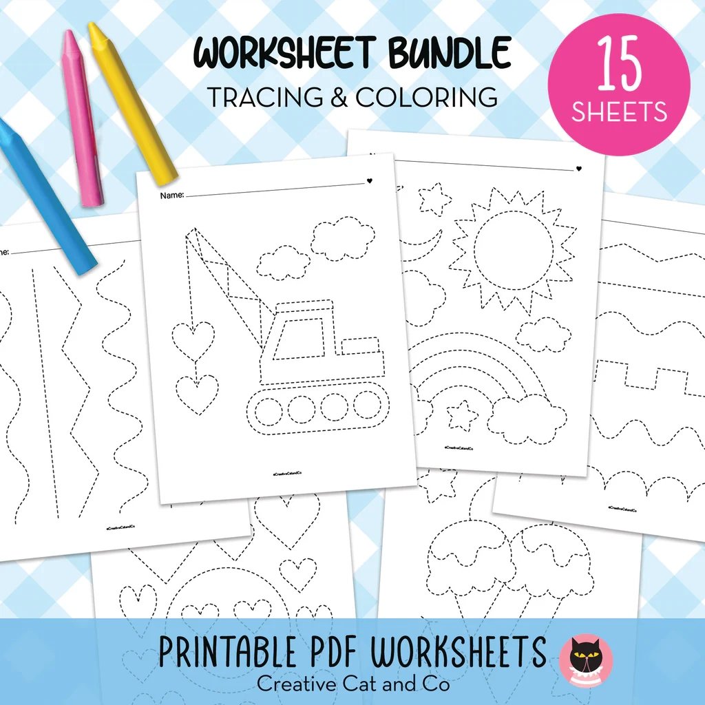 15 Page Tracing Fine Motor Worksheets Printable PDF Bundle CreativeCatandCo