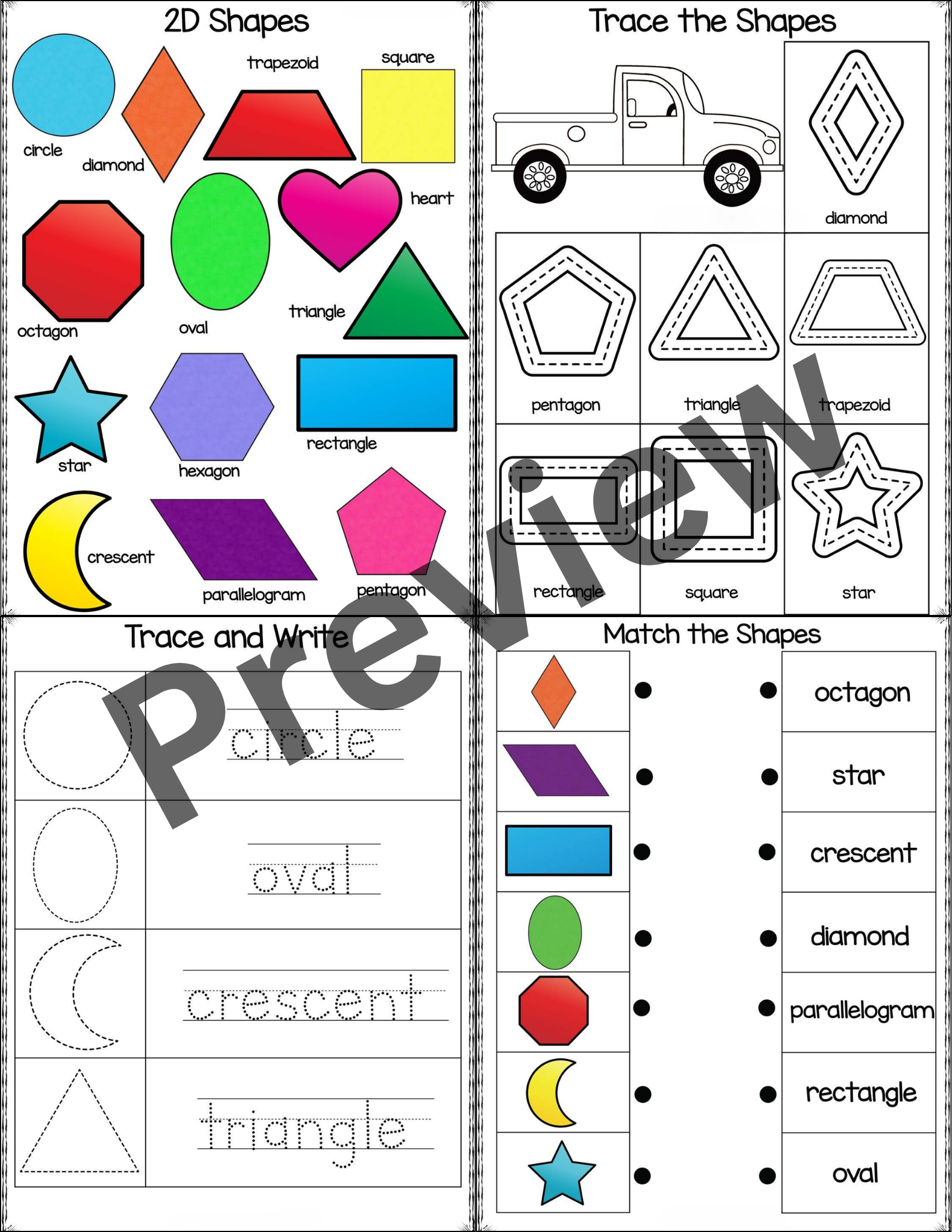 2D Shapes Worksheets Draw Trace Color Cut And Paste For Pre K K 1st Made By Teachers