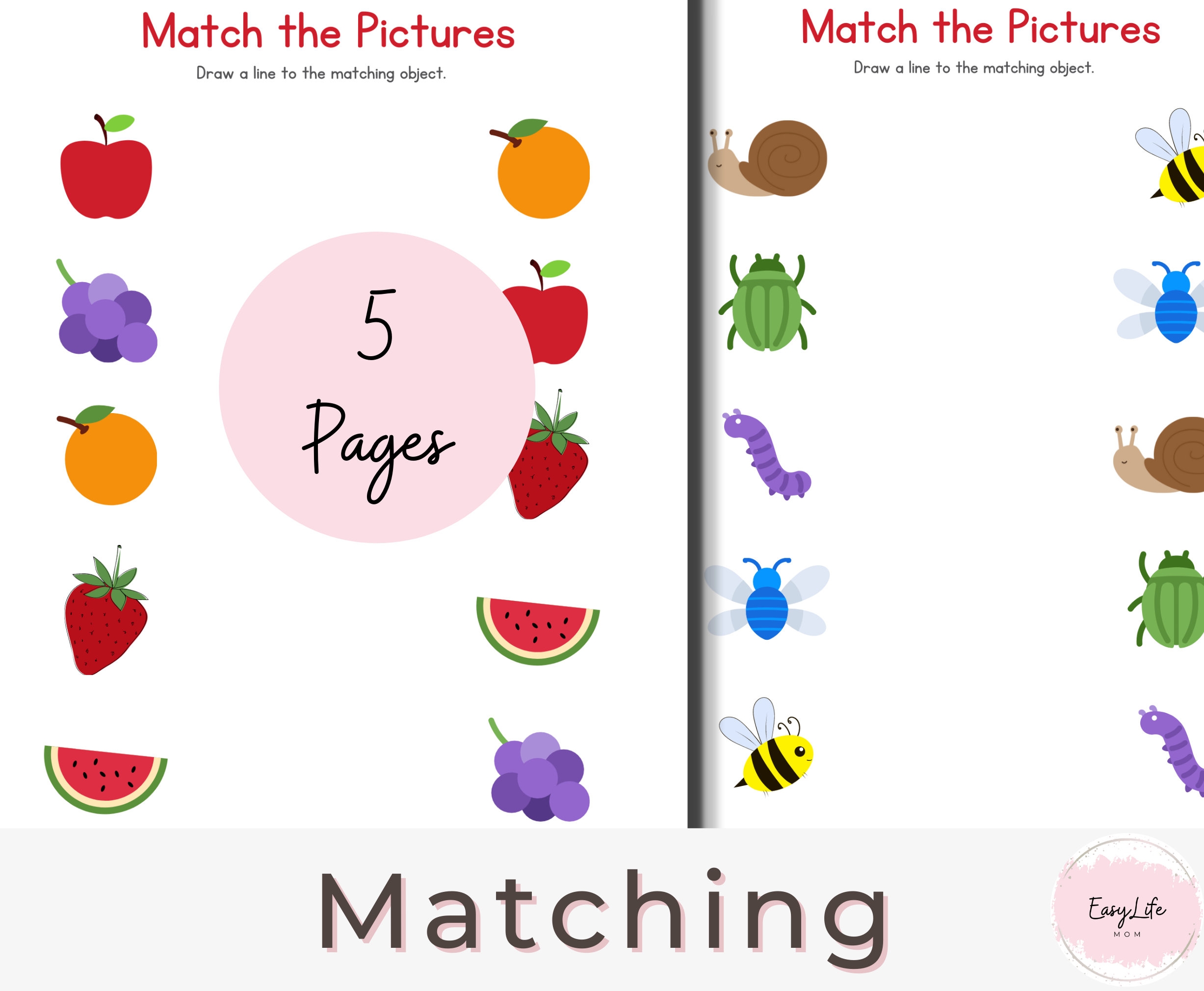 5 Printable Matching Worksheets Match The Picture Prek Worksheets Kindergarten Printables Learning Activities VPK Homeschool Etsy