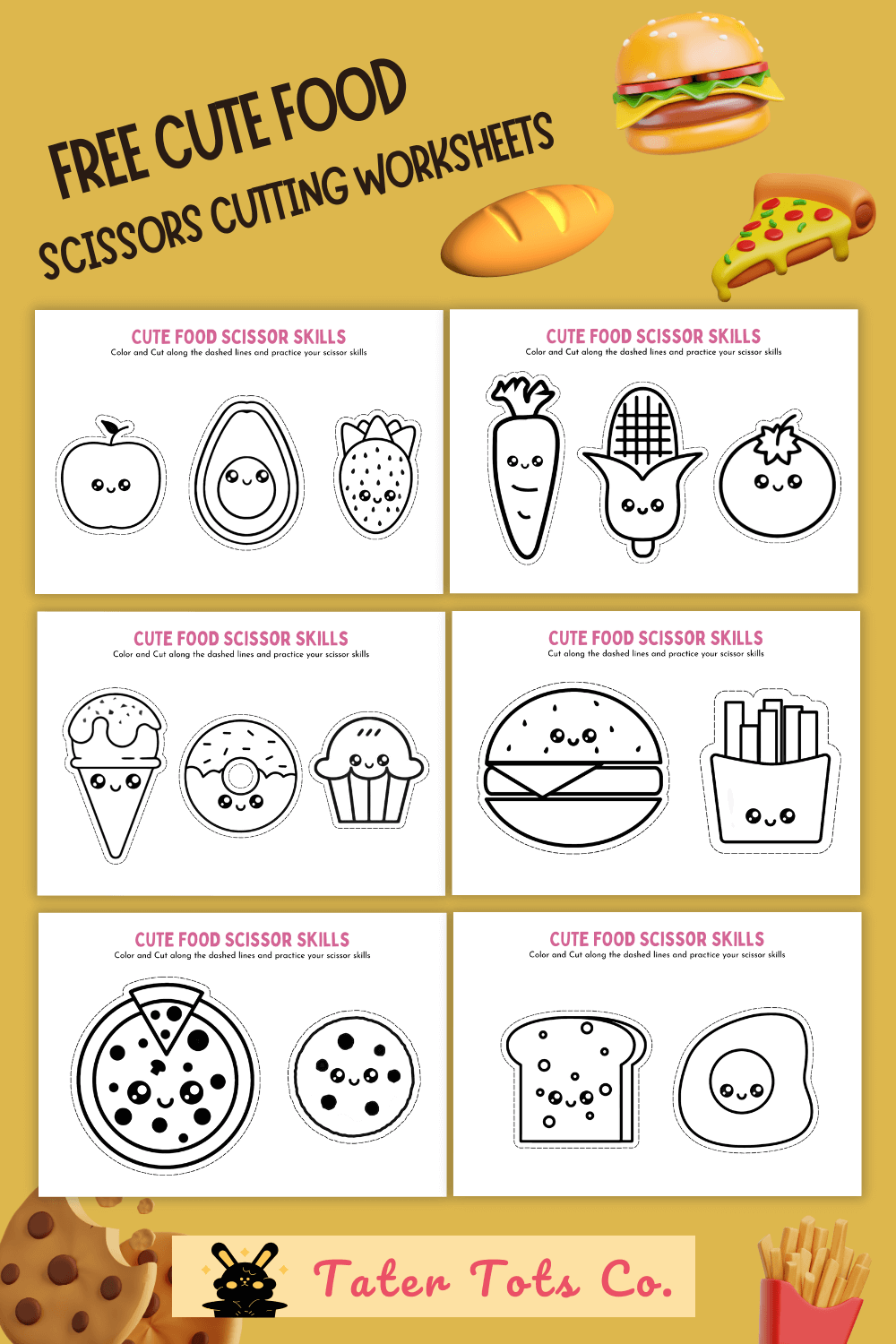 6 Free Preschool Cutting Worksheets Cute Food Theme Tater Tots Co 