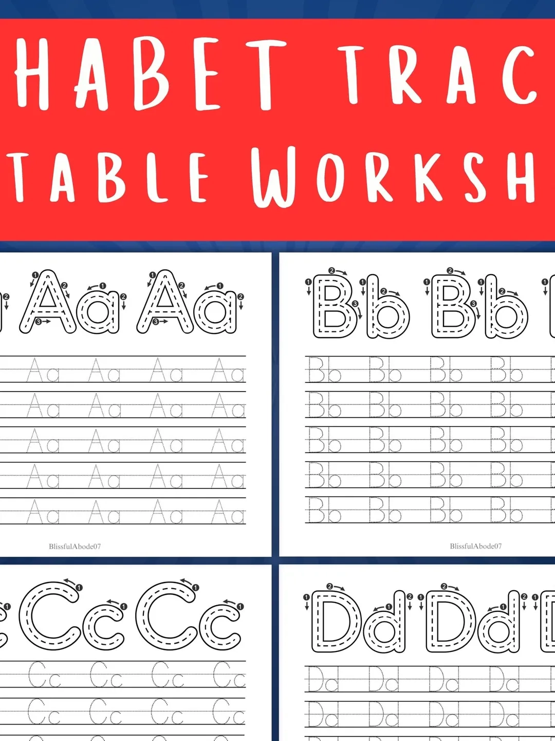 Alphabet Tracing Worksheets A Z Printable Preschool Letter Practice Kindergarten Handwriting Workbook ABC Learning Activity Pages