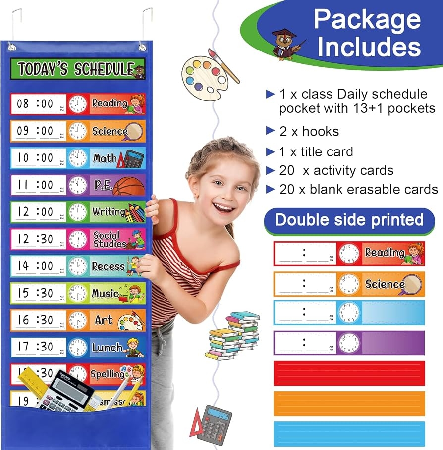 Amazon Daily Schedule Pocket Chart Kit 40 Bright Attractive Double Sided Reusable Erasable Cards 1 Title Card 13 1 Scheduling Pocket Chart With 2 Hangers For Classroom Office Home Preschool Learning Blue Office Products
