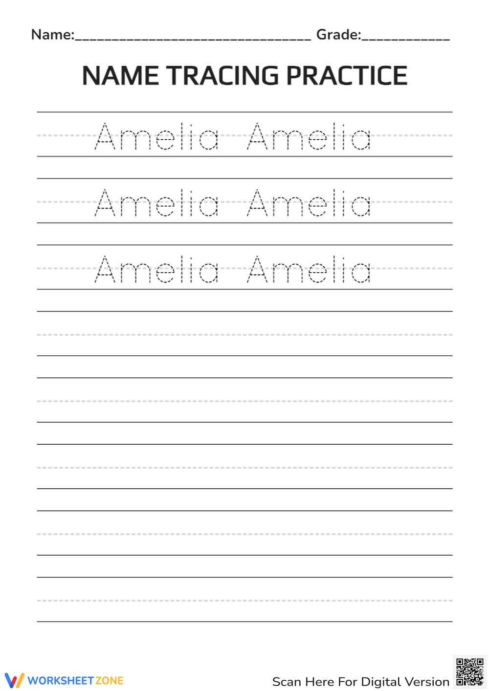 Amelia Name Tracing Practice Handwriting Worksheet For Kids