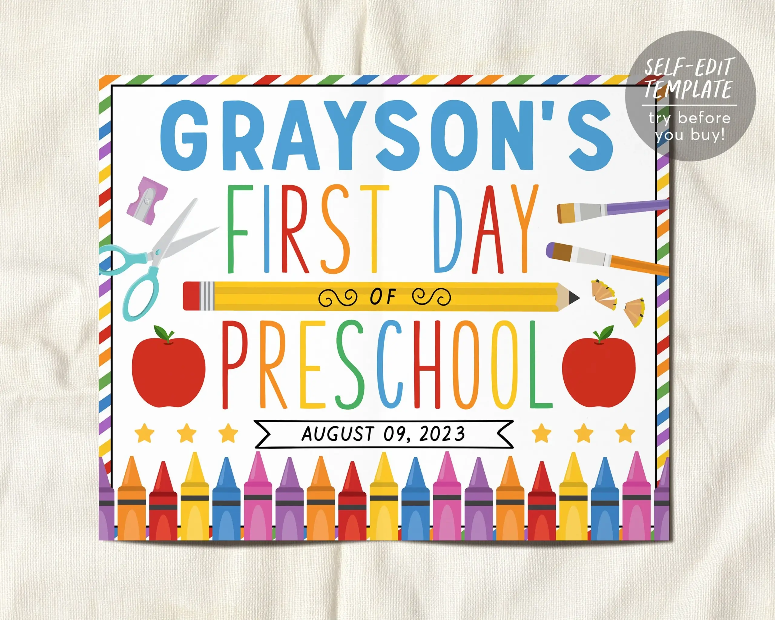 Back To School Sign Editable Template First Day Of School Preschool P Puff Paper Co