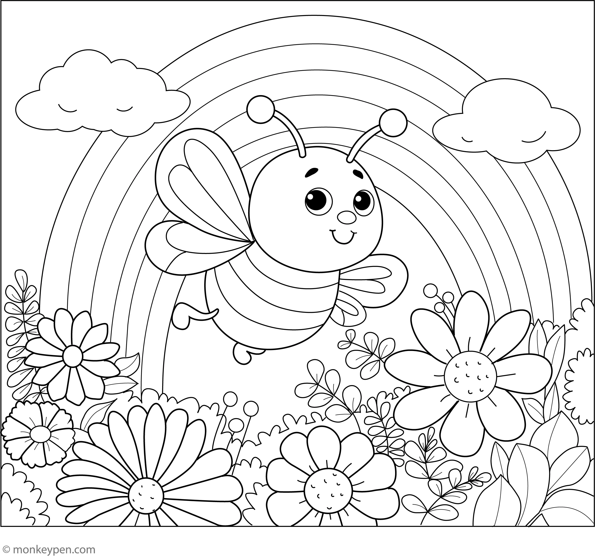 Bees And Rainbow Coloring Page Free Printable For Kids