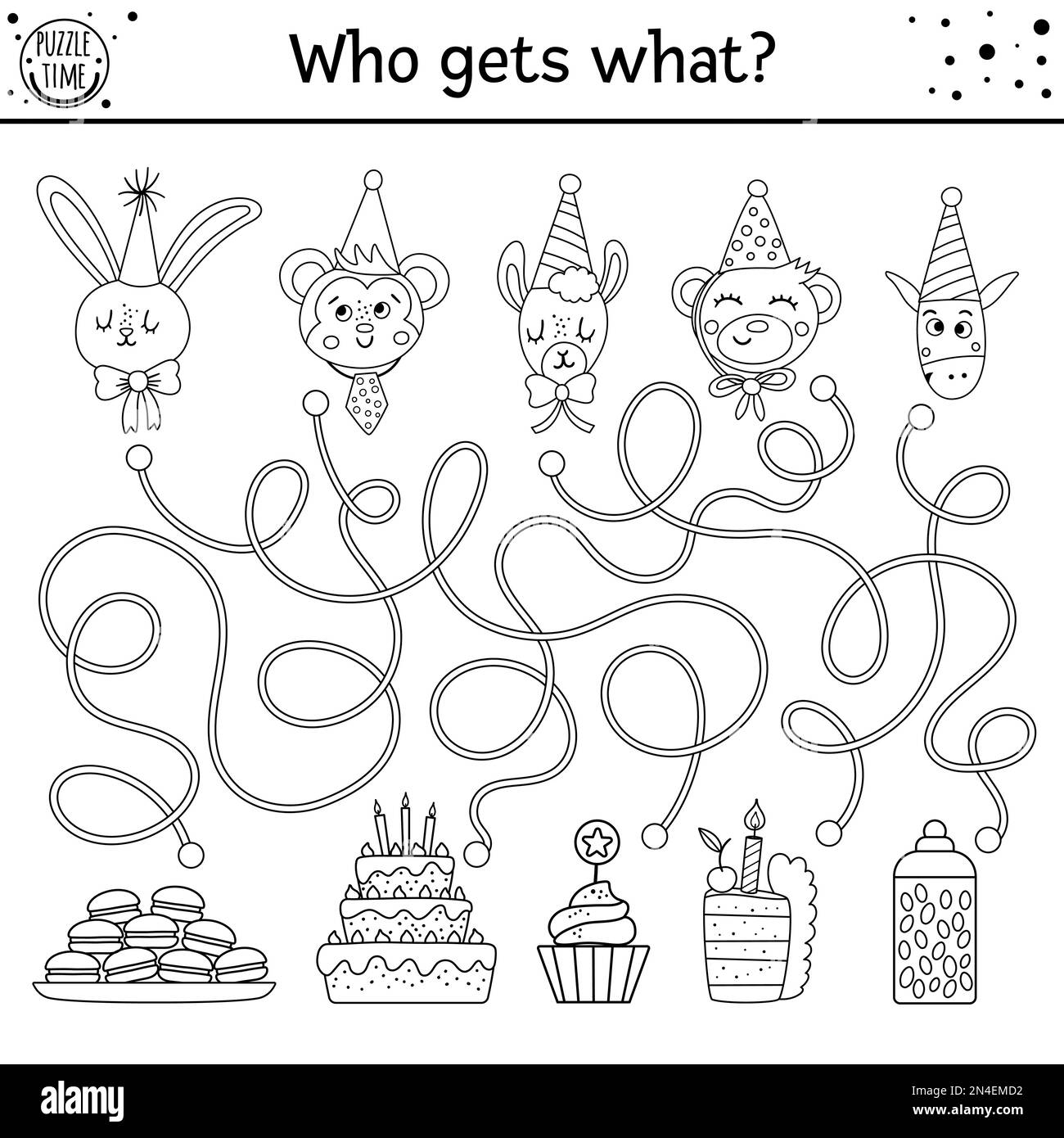 Birthday Black And White Maze For Children Holiday Preschool Printable Outline Educational Activity Funny Line B day Party Game Or Puzzle With Cute Stock Vector Image Art Alamy