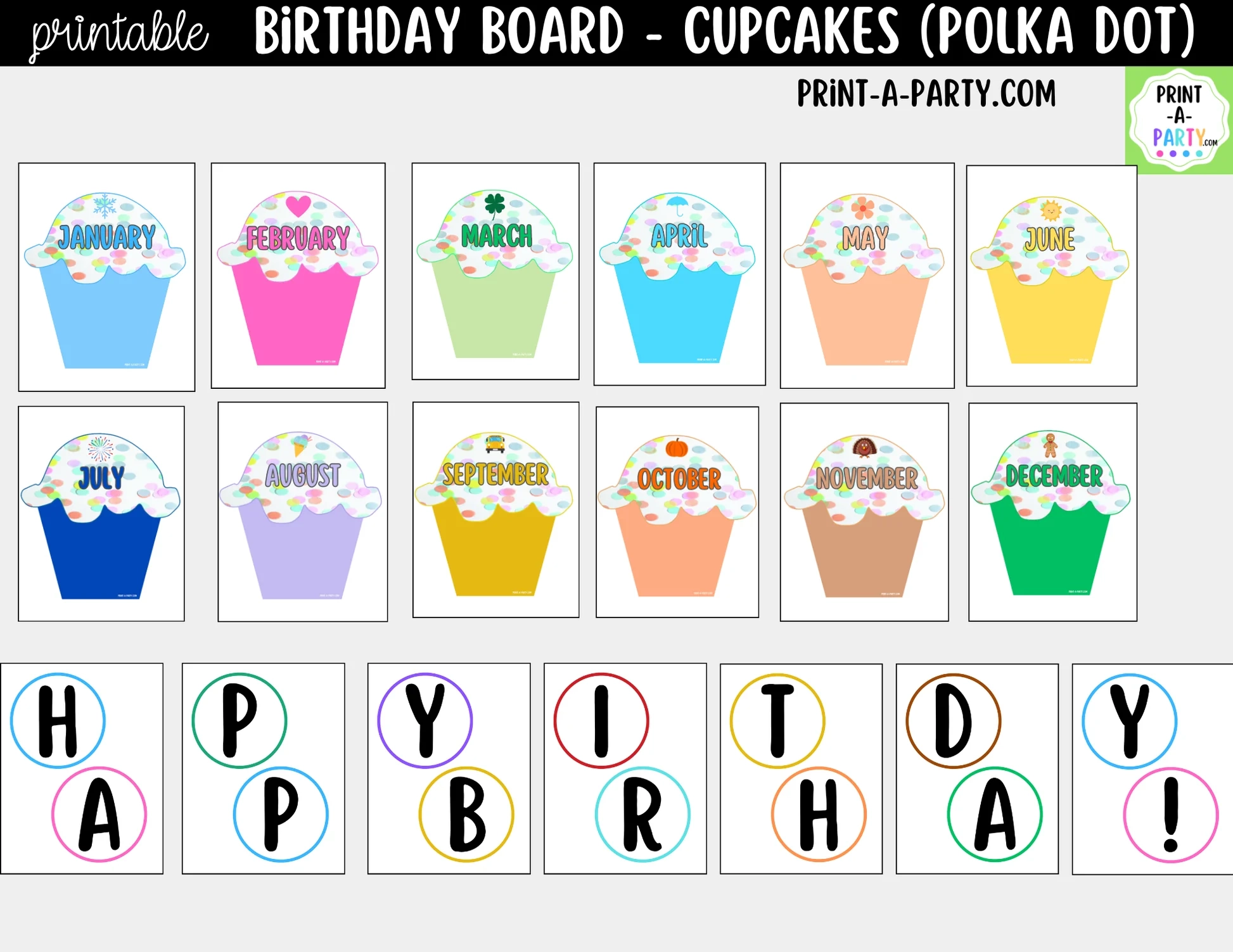 Birthday Bulletin Board Printable Display Monthly Polka Dot Cupcake PrintAParty