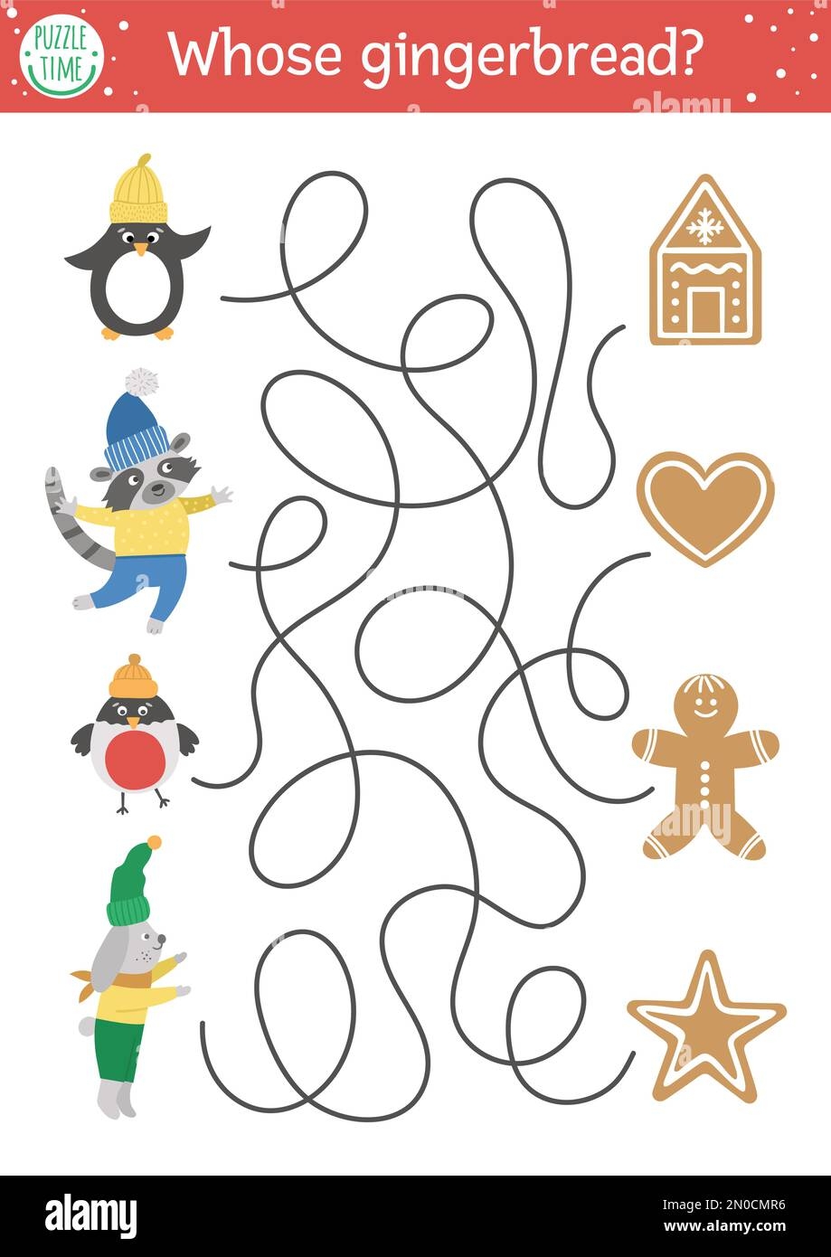 Christmas Maze For Children Winter New Year Preschool Printable Educational Activity Funny Holiday Game Or Puzzle With Cute Animals And Cookies Who Stock Vector Image Art Alamy