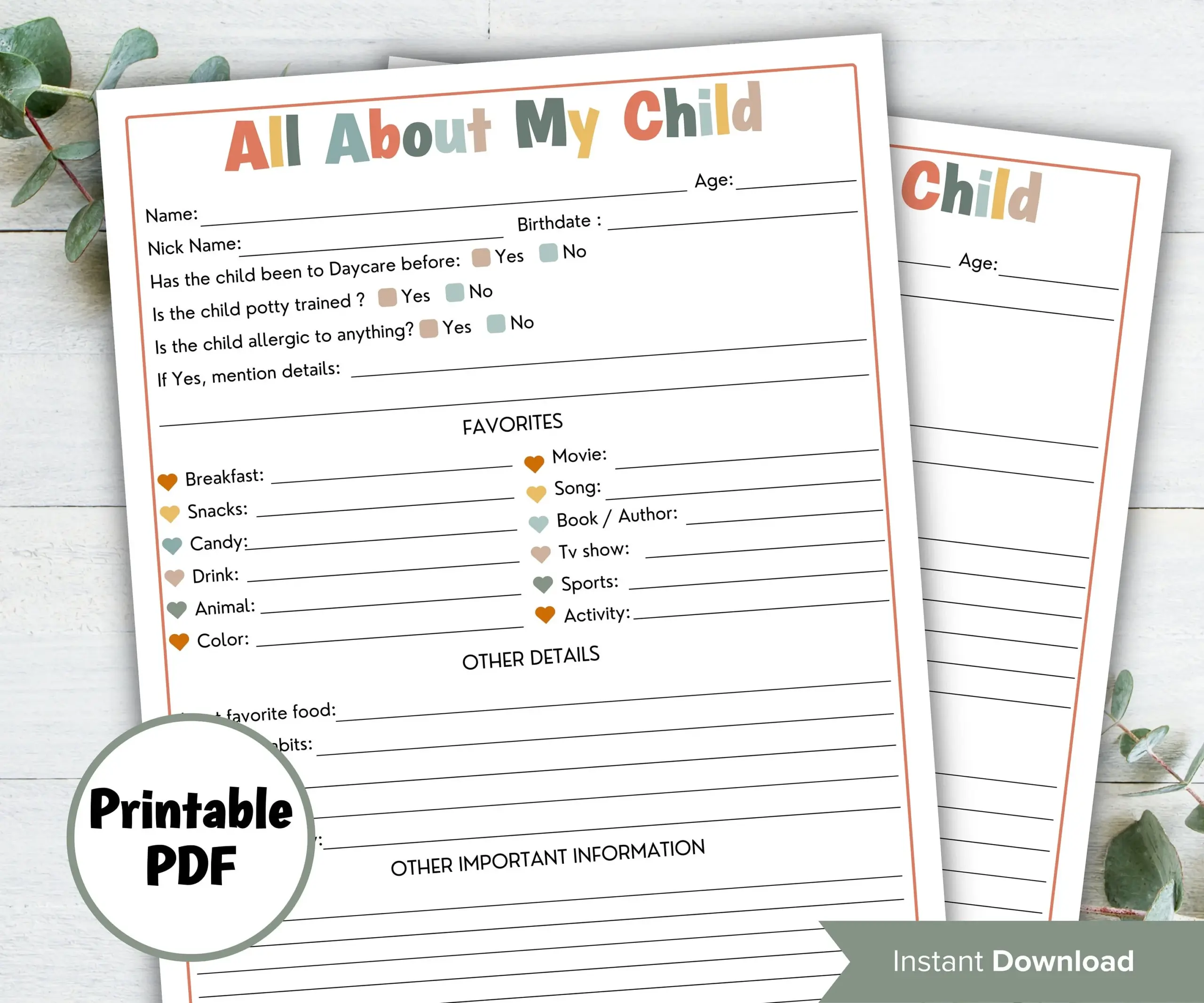 Daycare All About Me Printable I Preschool S I Daycare Application I Child Information Form I Daycare Entry Form I Preschool Questions The Hustling Cat Lady