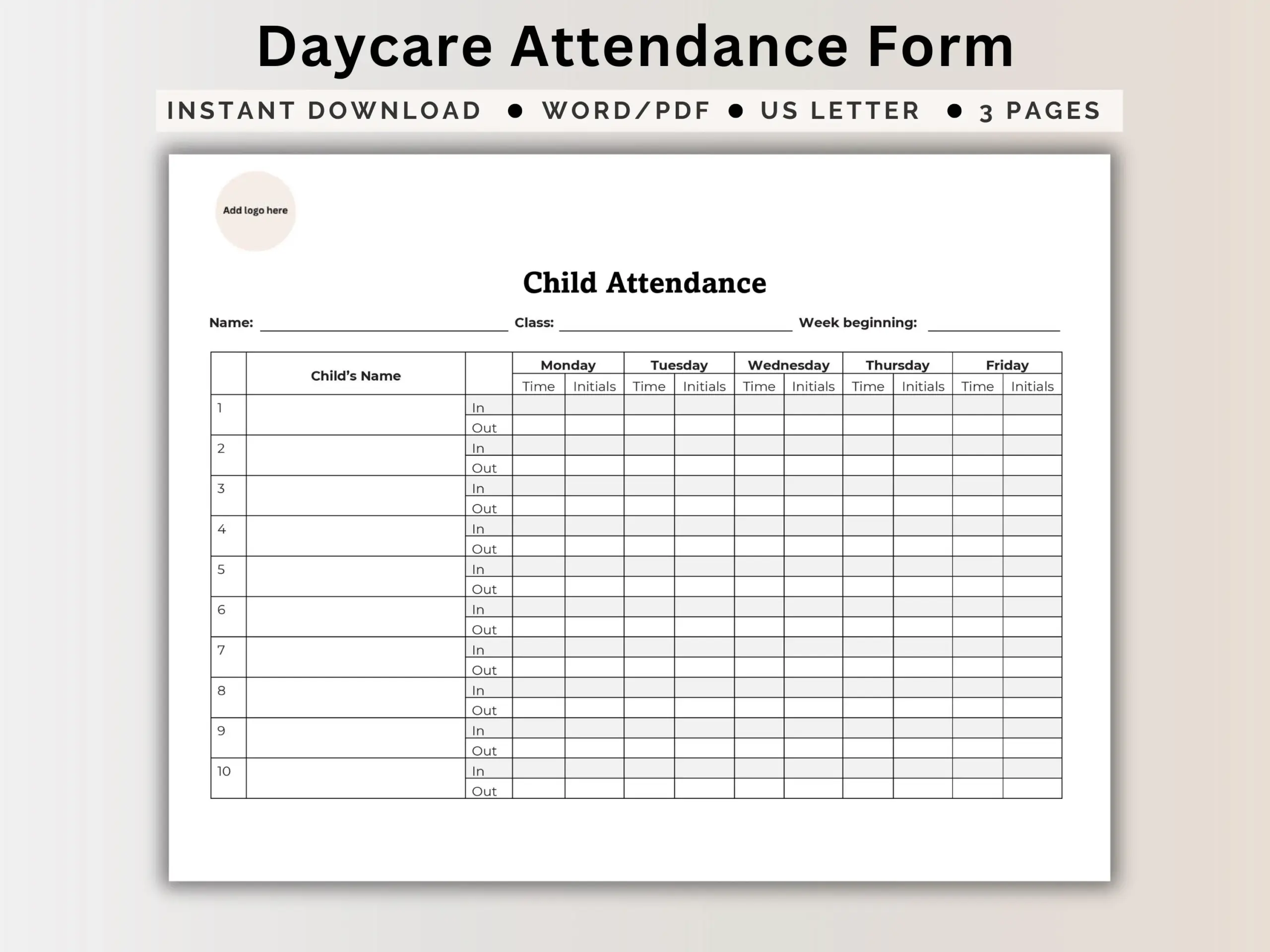 Daycare Attendance Sheet Printable PDF Childcare Daily Sign In Form Preschool Roll Call Template Editable Daycare Time Tracking Document Etsy