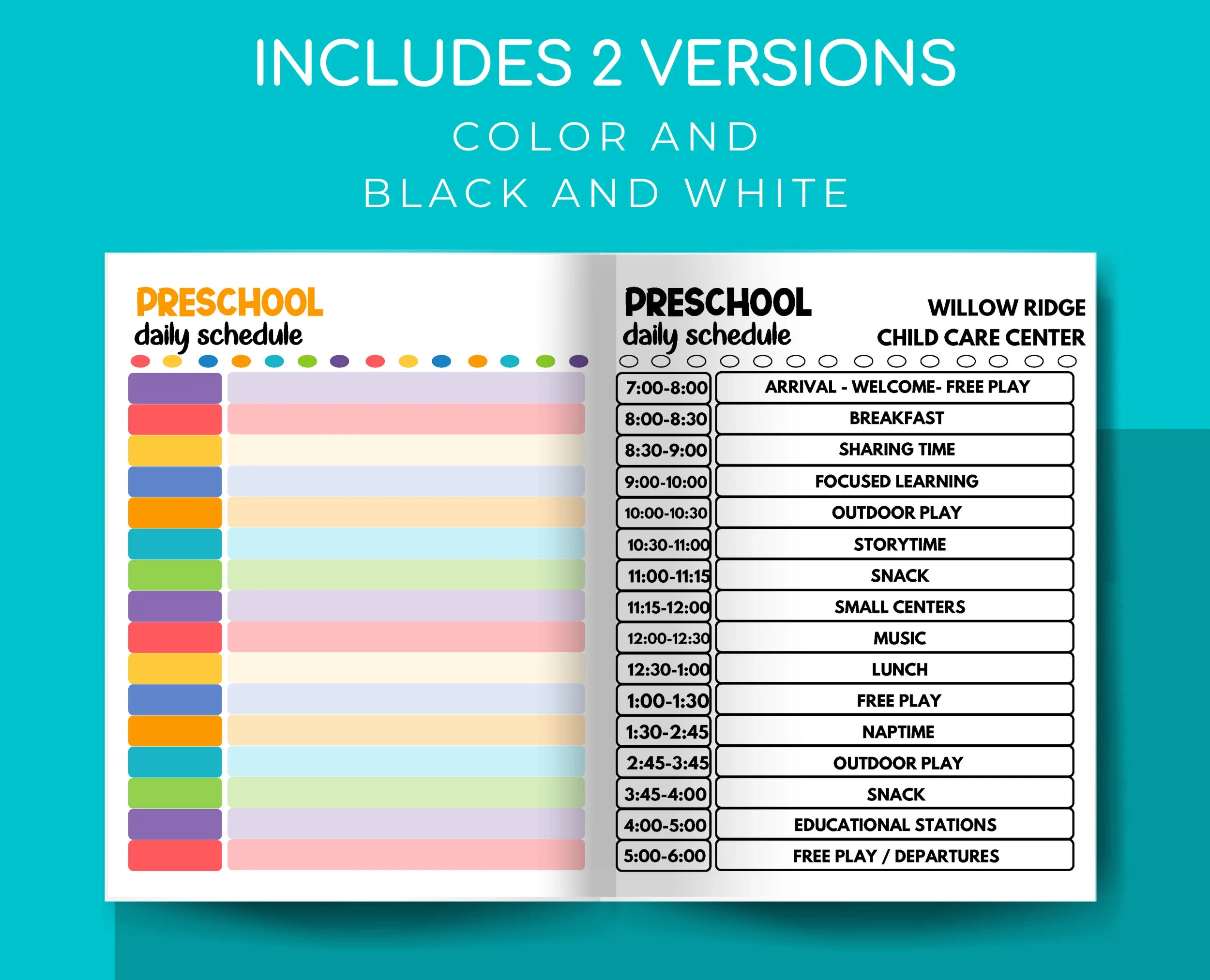 Daycare Daily Schedule For PRESCHOOL Printable Child Care Fillable PDF Etsy