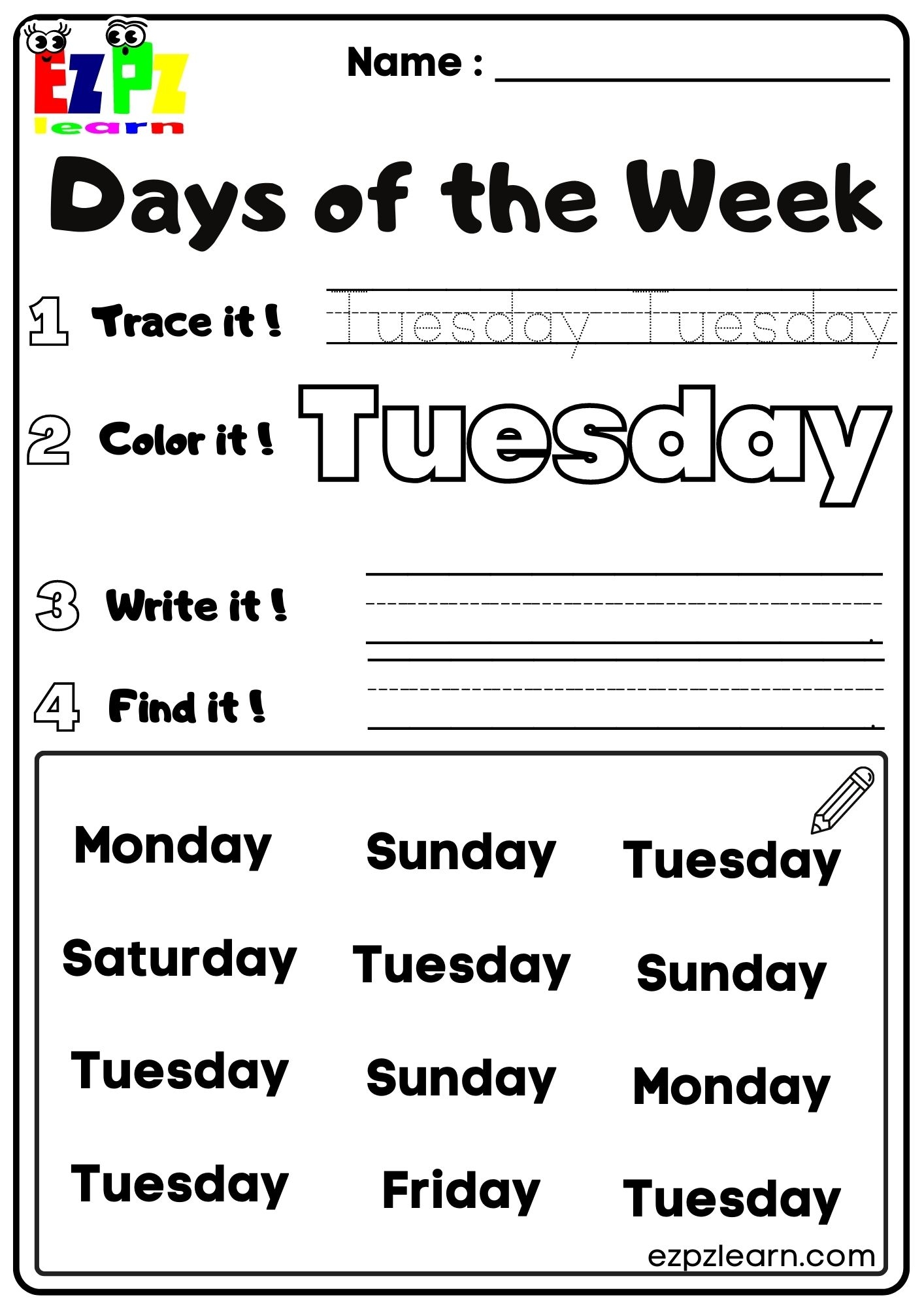 Days Of The Week Ezpzlearn