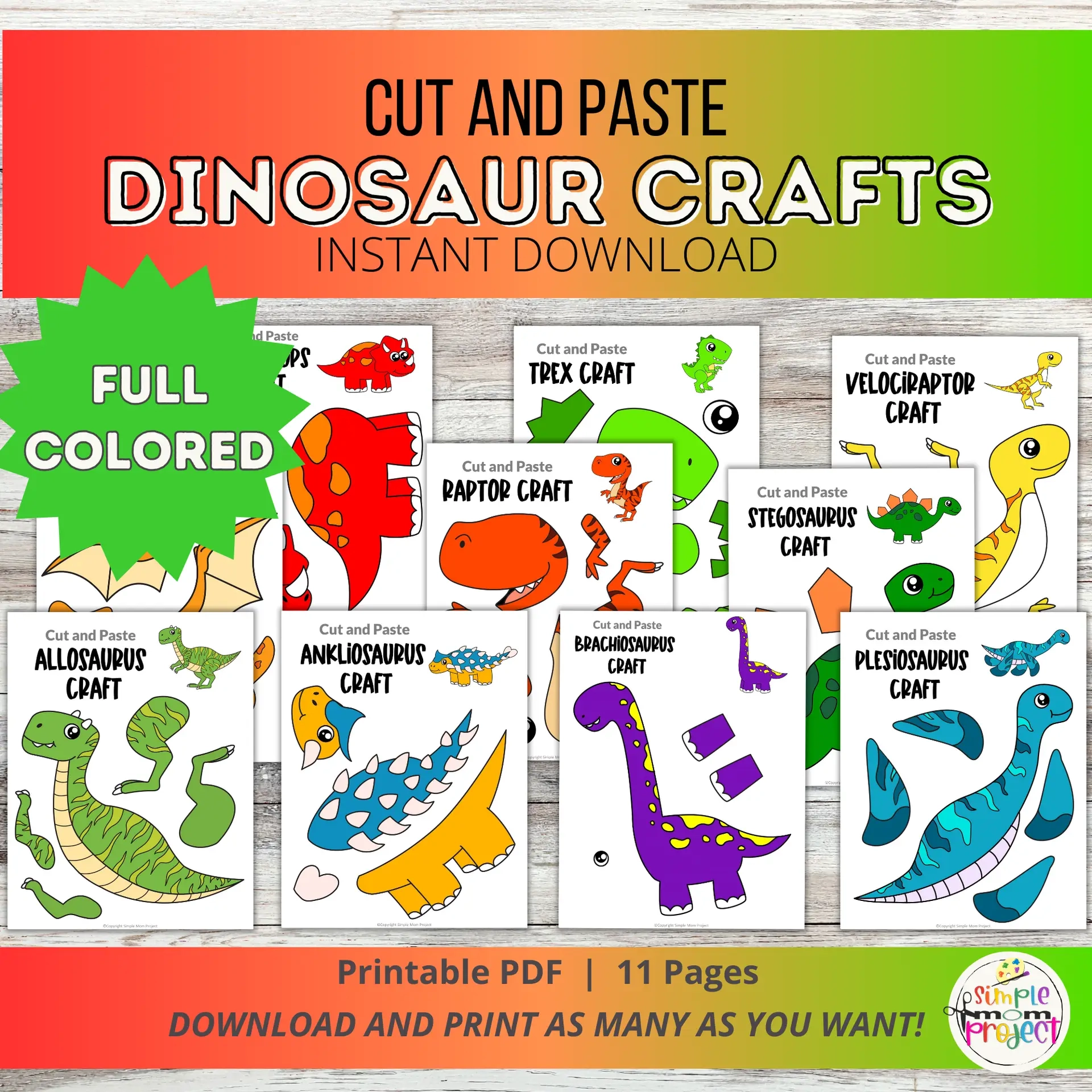 Dinosaur Crafts 10 Full Color Printable Cut Paste Templates For Kids Simple Mom Project Store