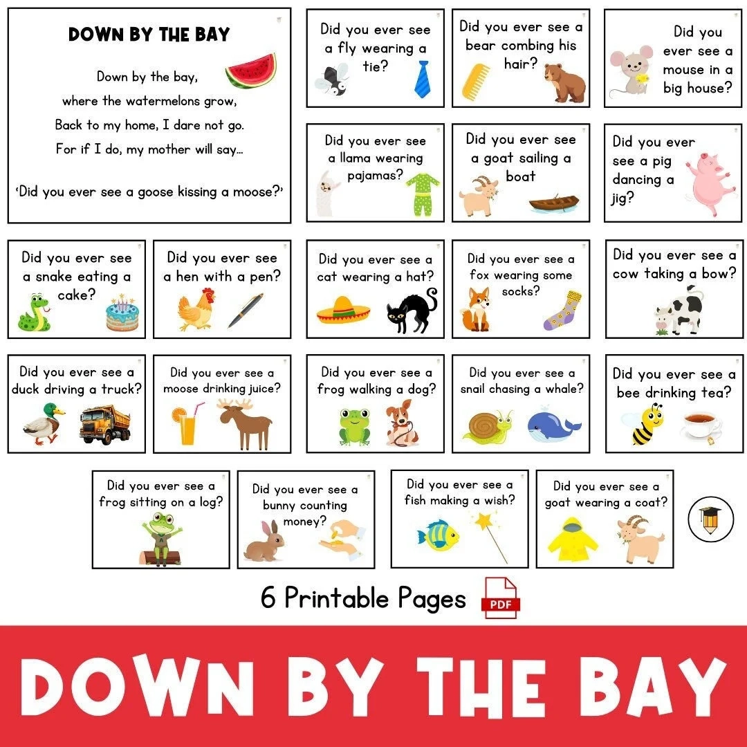 Down By The Bay Song Song Cards Kindergarten Songs Preschool Songs Circle Time Activities For Kids Camp Songs Camp Printables