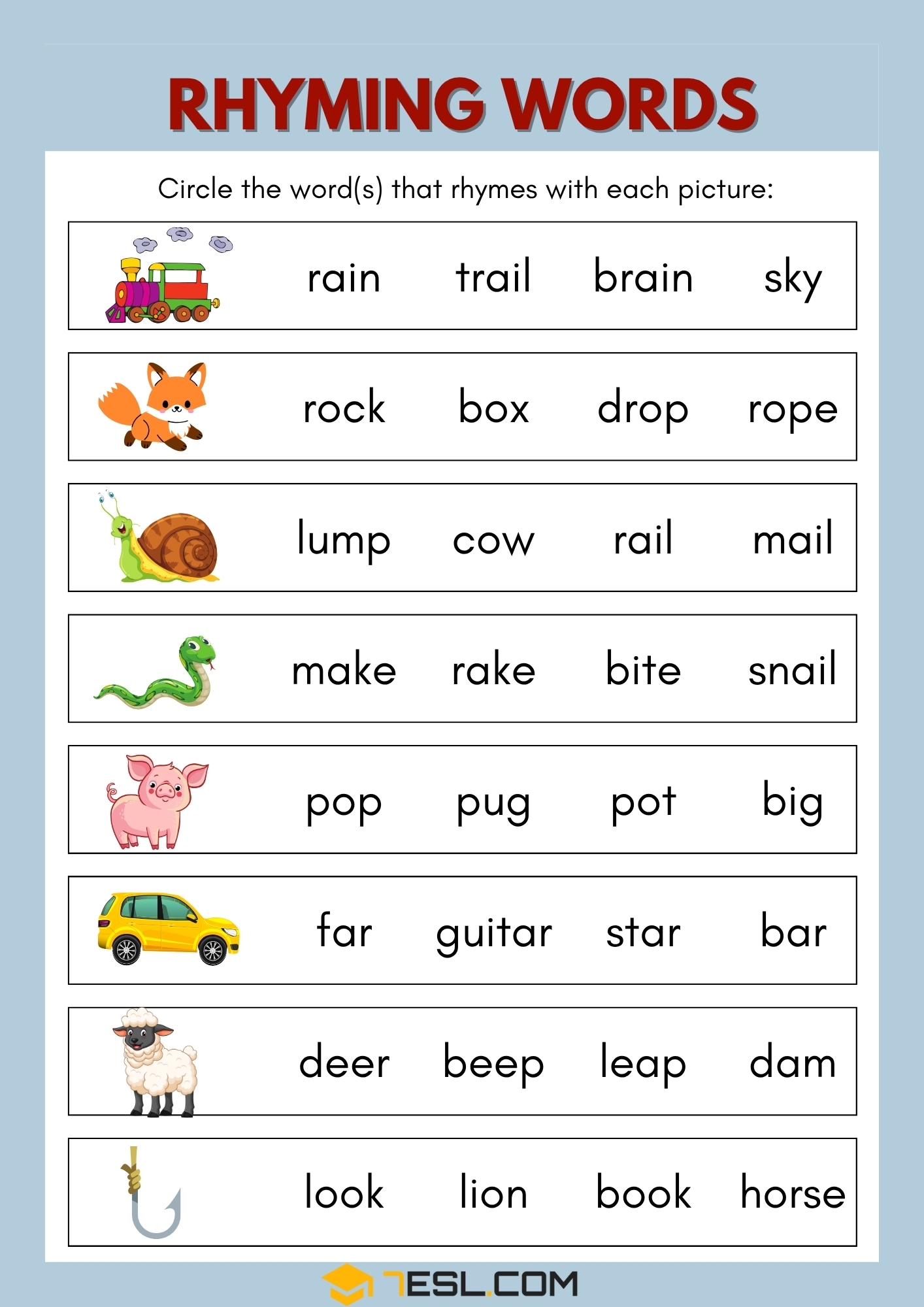 Download Free Rhyming Words Worksheets For Kindergarten Preschool 7ESL