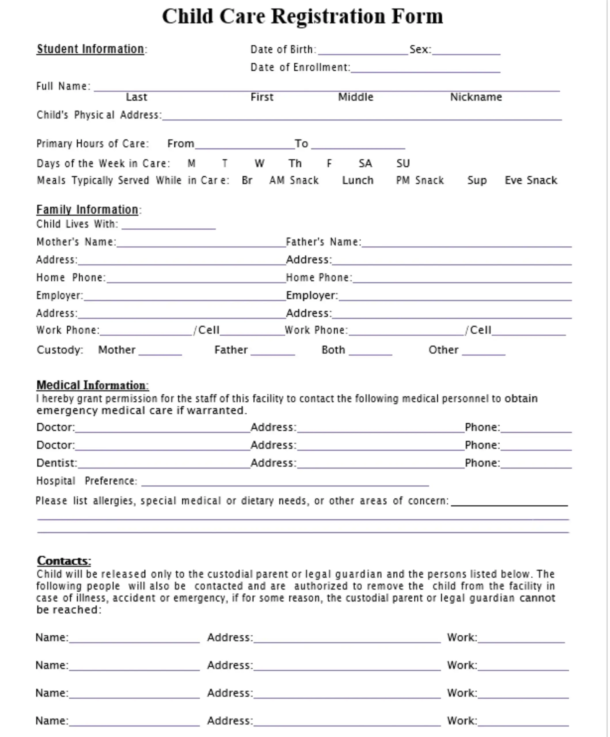 Editable Childcare Registration Form Nursery Preschool WORD CANVA Etsy Ireland