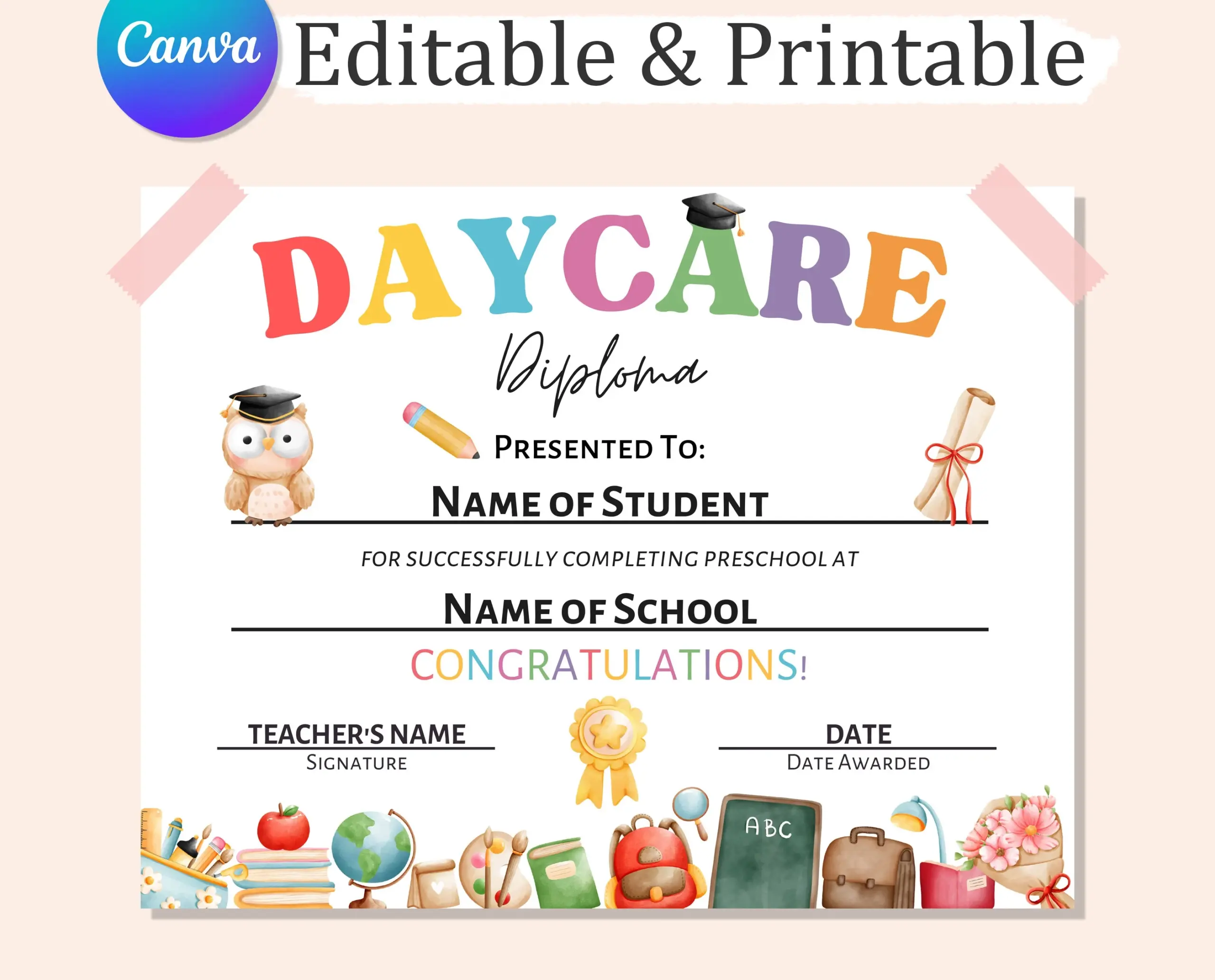 Editable Daycare Graduation Diploma Certificate PDF Etsy Singapore Editable Daycare Graduation Diploma Certificate PDF Etsy Singapore