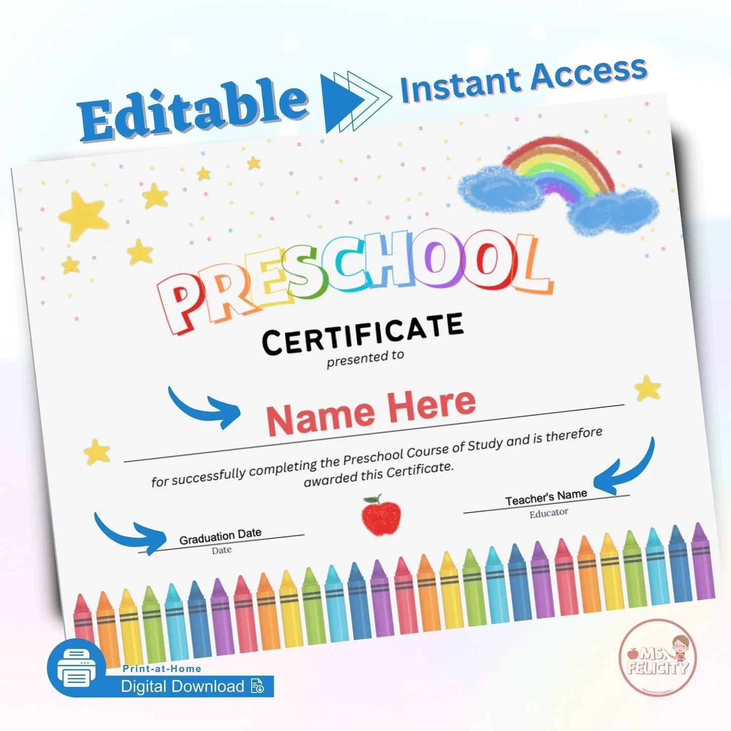 Editable Instant Access Preschool Certificate Printable Shop At Felicity
