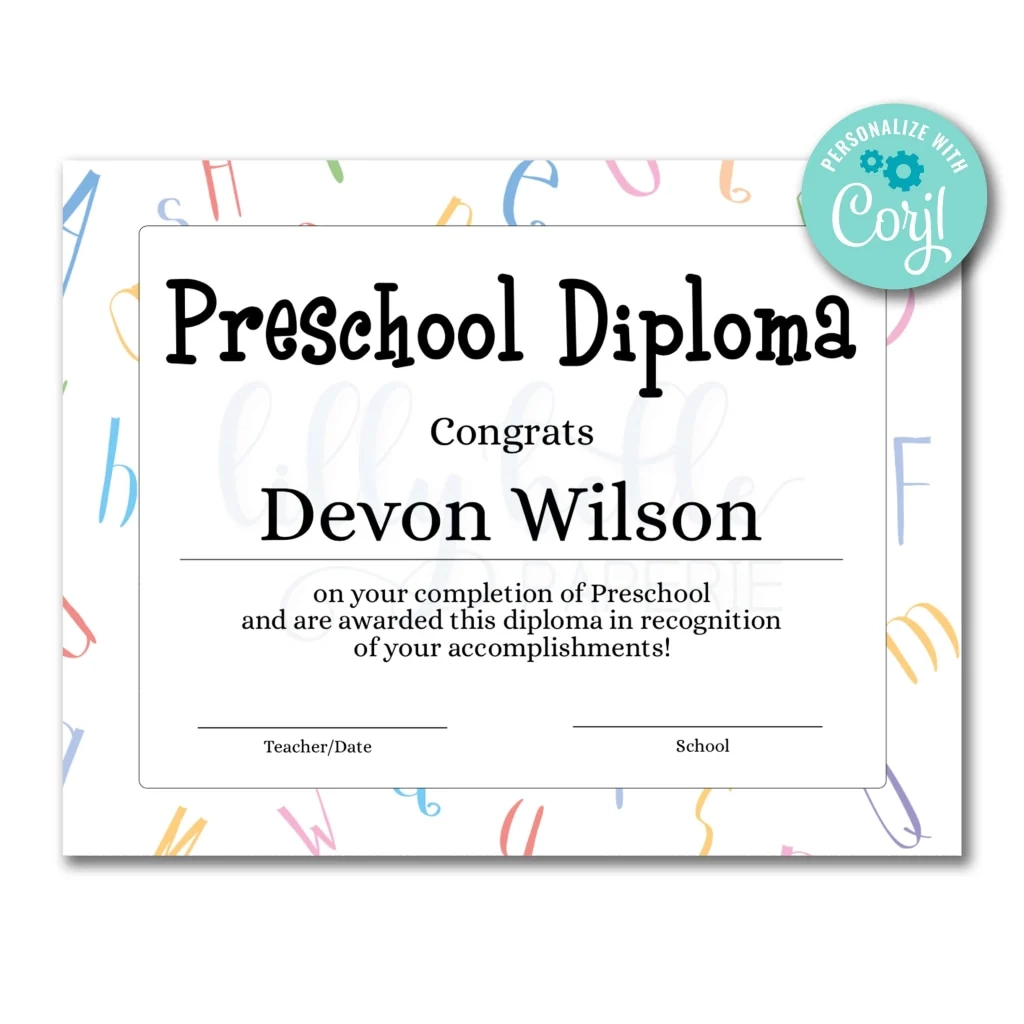 Editable Preschool Diploma Certificate Template LillyBellePaperie