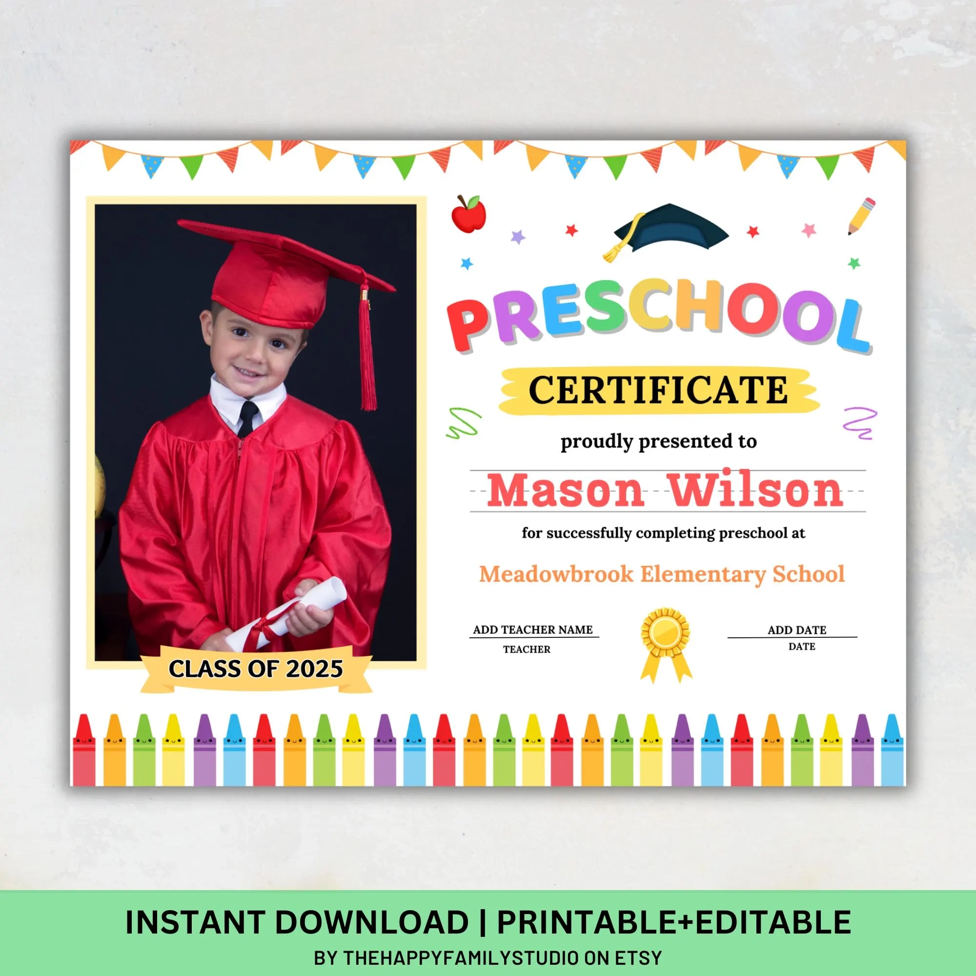 Editable Preschool Graduation Certificate With Photo canva Template Digital Download Etsy