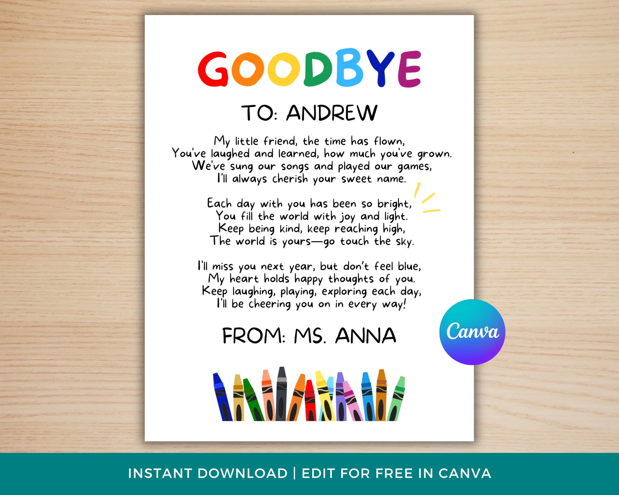 End Of Year Poem From Preschool Teacher Printable Goodbye Letter For Students Last Day Of School Keepsake Prek Kindergarten Graduation Etsy Israel