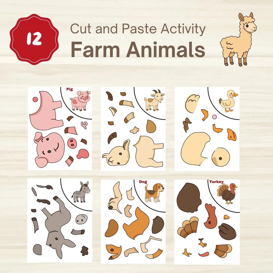 Farm Animals Cut And Paste Activity 12 Printable Worksheets digital Download Etsy