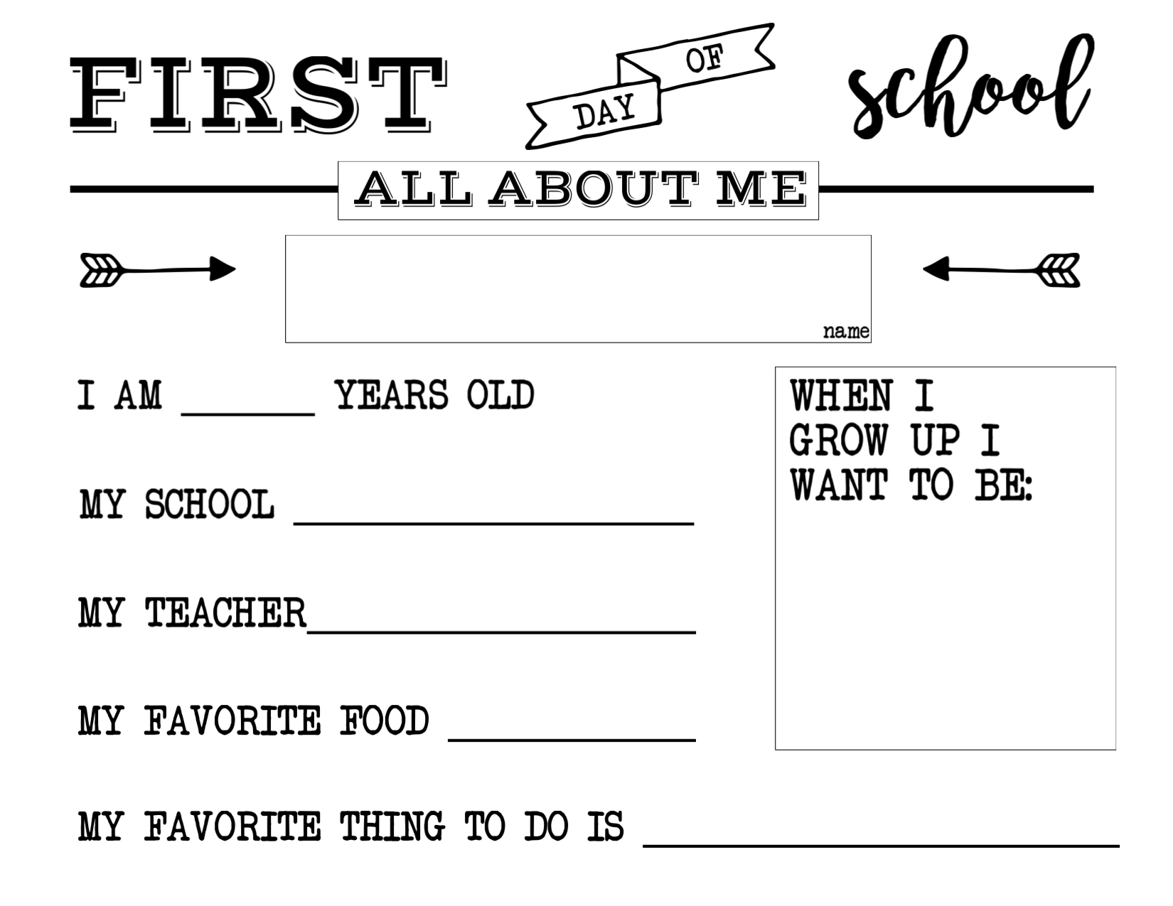 First Day Of School All About Me Sign Paper Trail Design