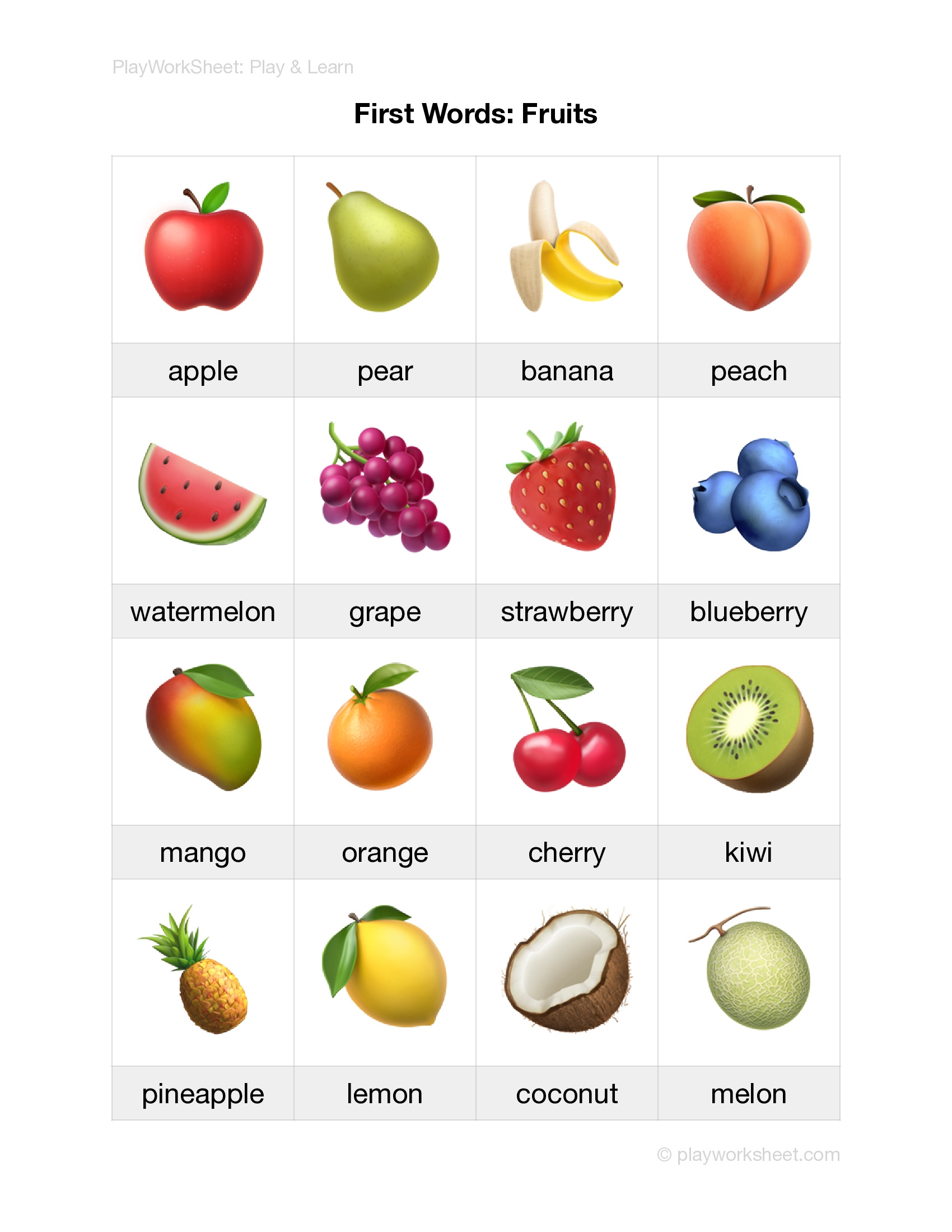 First Words Fruits Free Printables For Kids