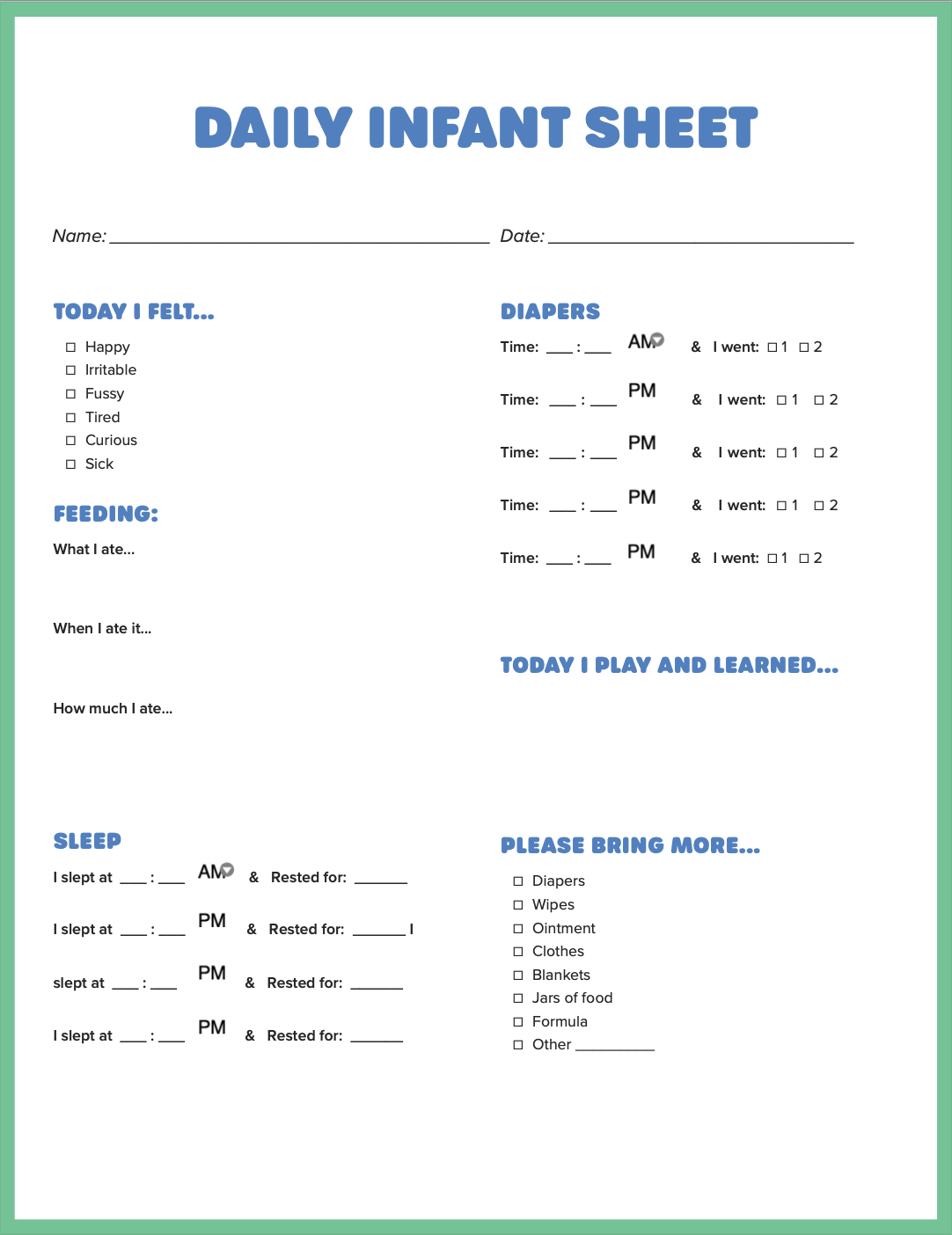 Free Daily Report Sheet For Daycare Smartcare