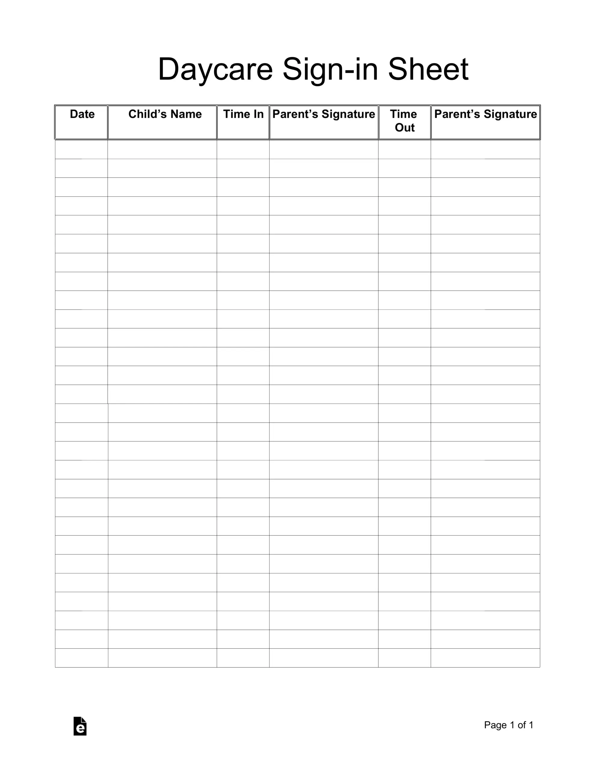 Free Daycare Sign in Sheet Template PDF Word EForms Free Daycare Sign in Sheet Template PDF Word EForms