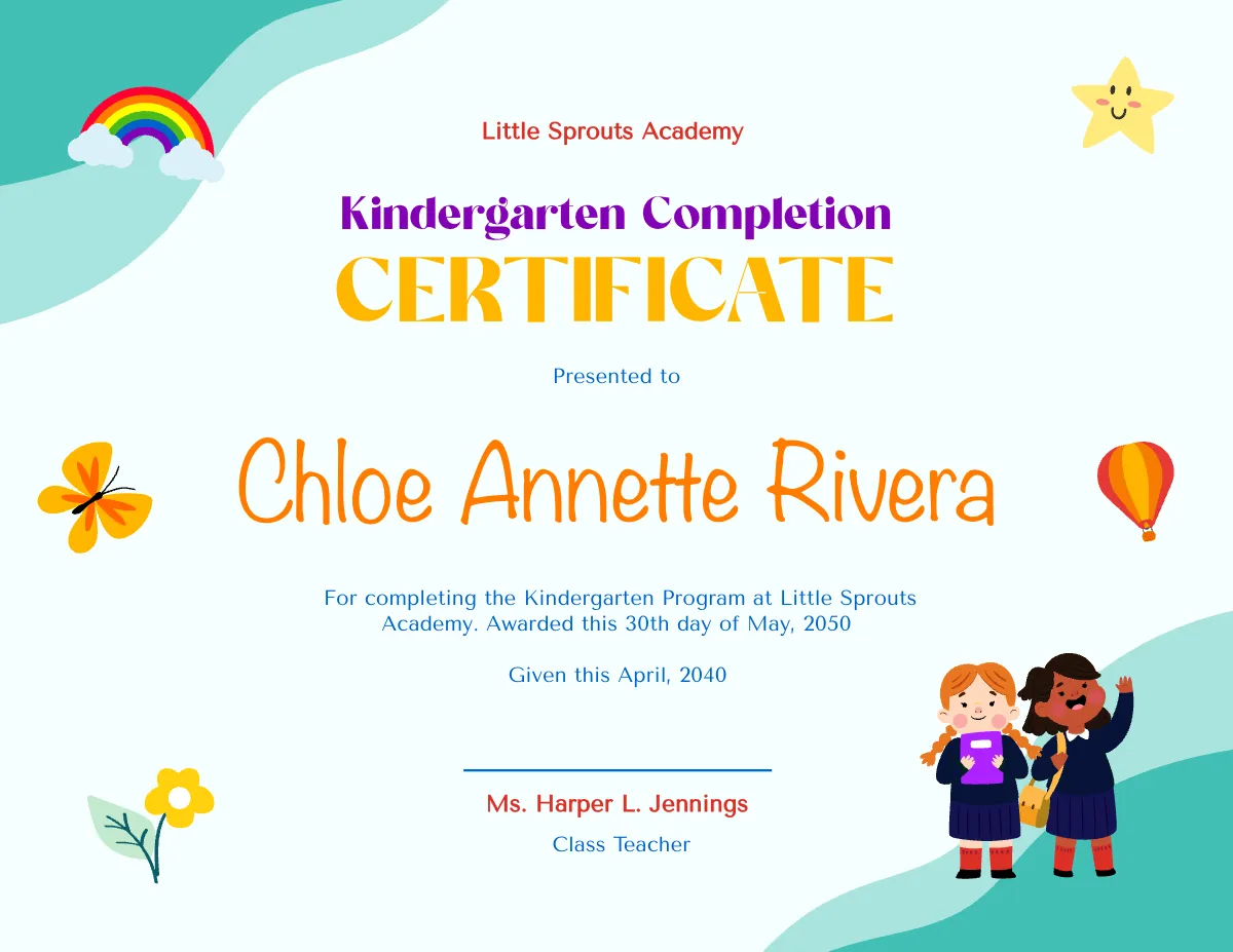 Free Kindergarten Completion Certificate Template To Edit Online