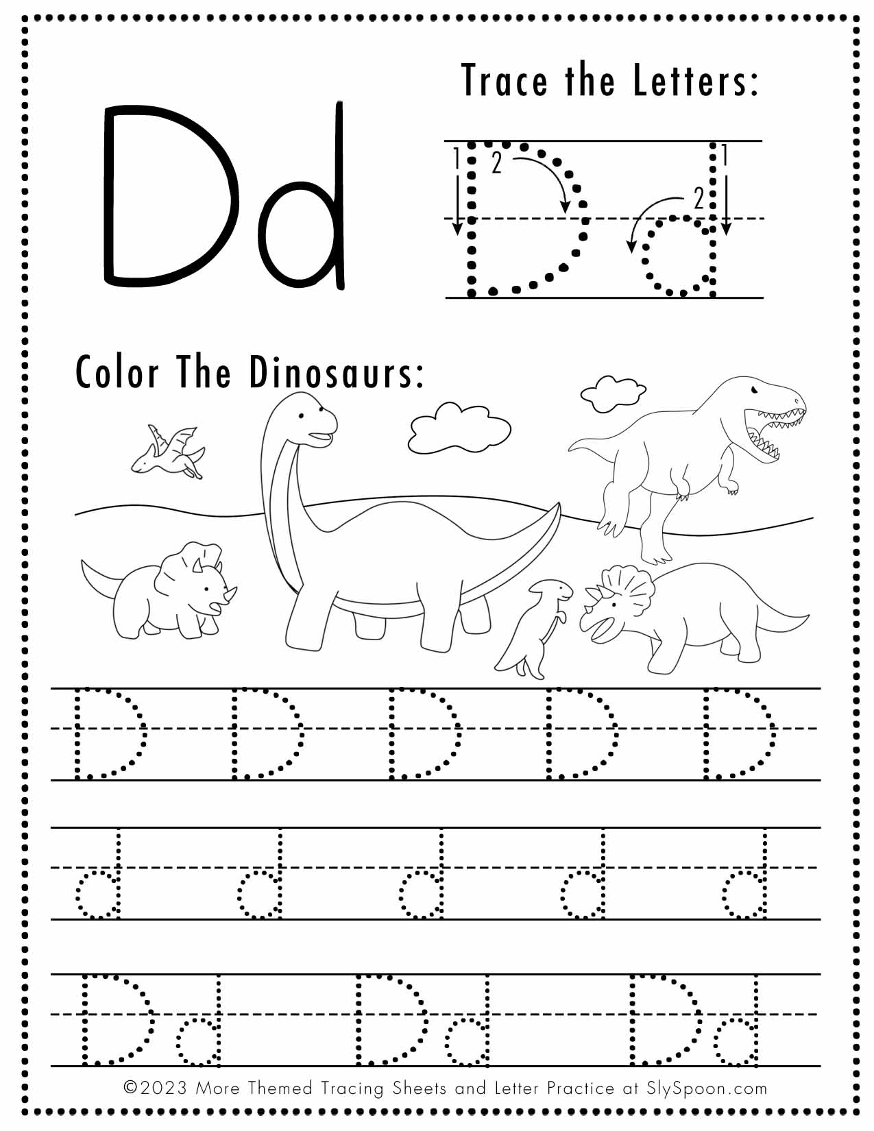 Free Letter D Tracing Worksheet Printable Dinosaur Themed Sly Spoon