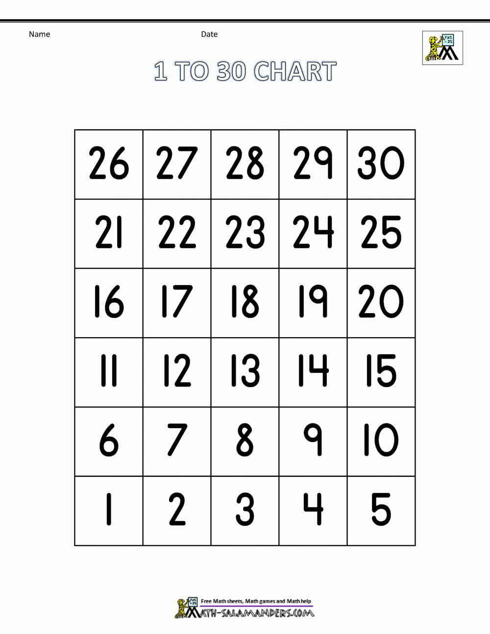 Free Number Chart 1 30