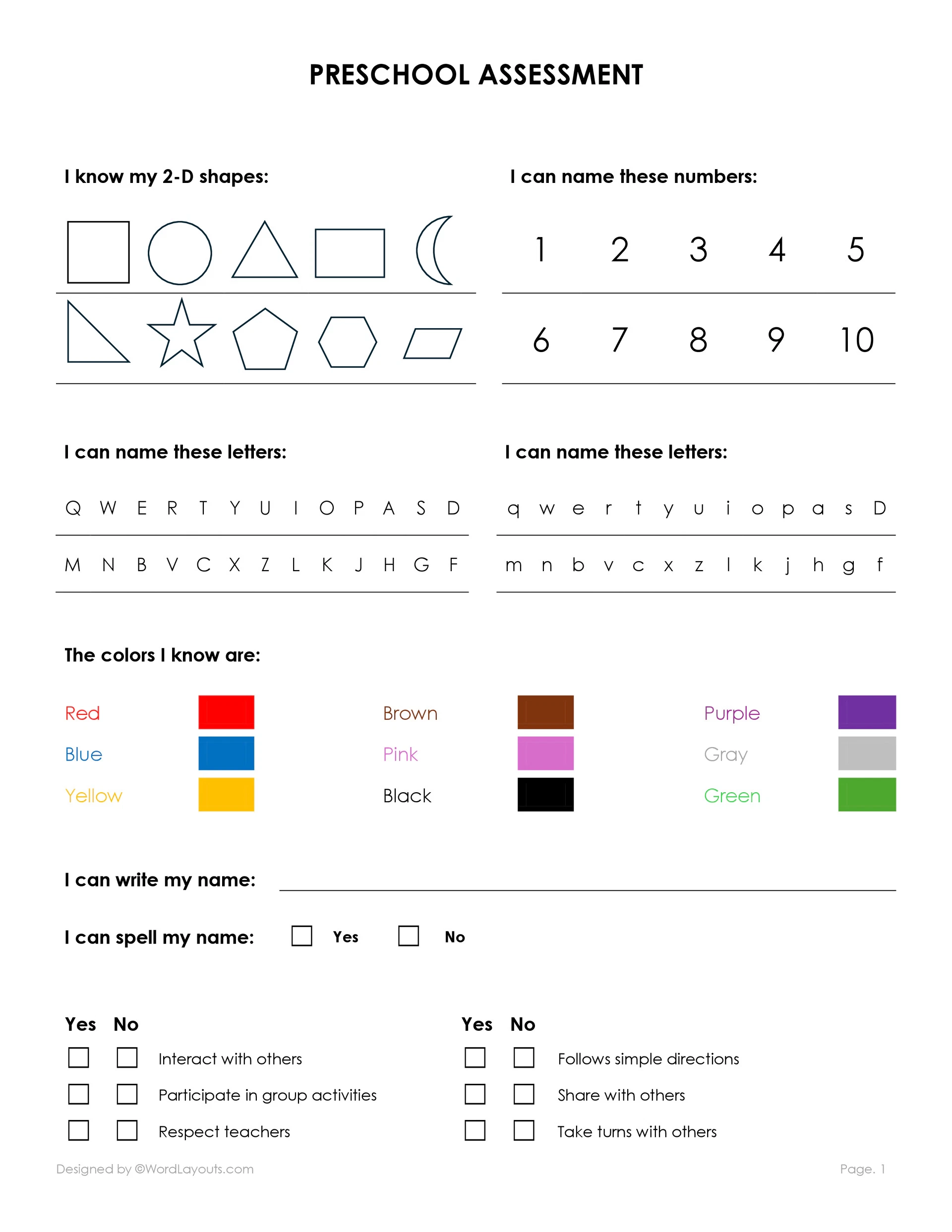 Free Pre School Assessment Templates WordLayouts