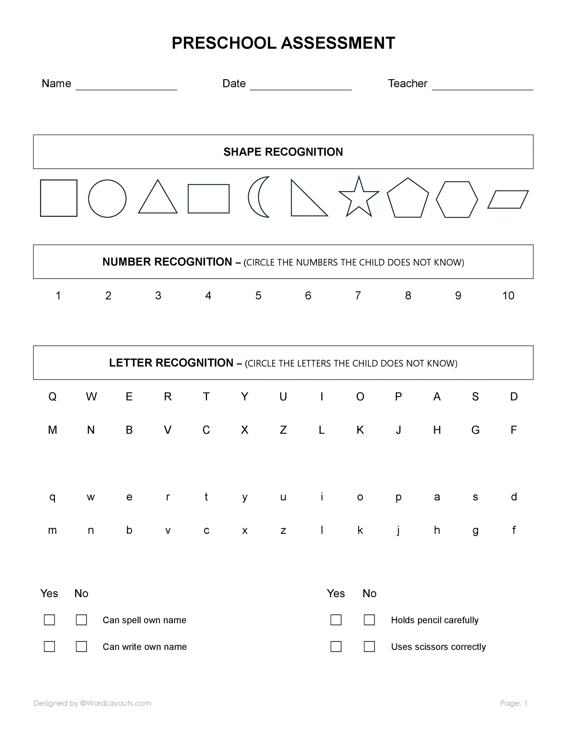 Free Pre School Assessment Templates WordLayouts