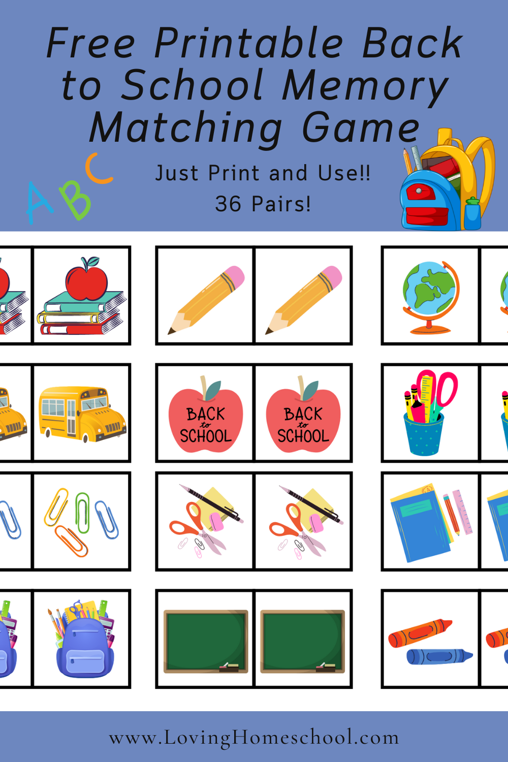 Free Printable Back To School Memory Matching Game LovingHomeschool Free Printable Back To School Memory Matching Game LovingHomeschool