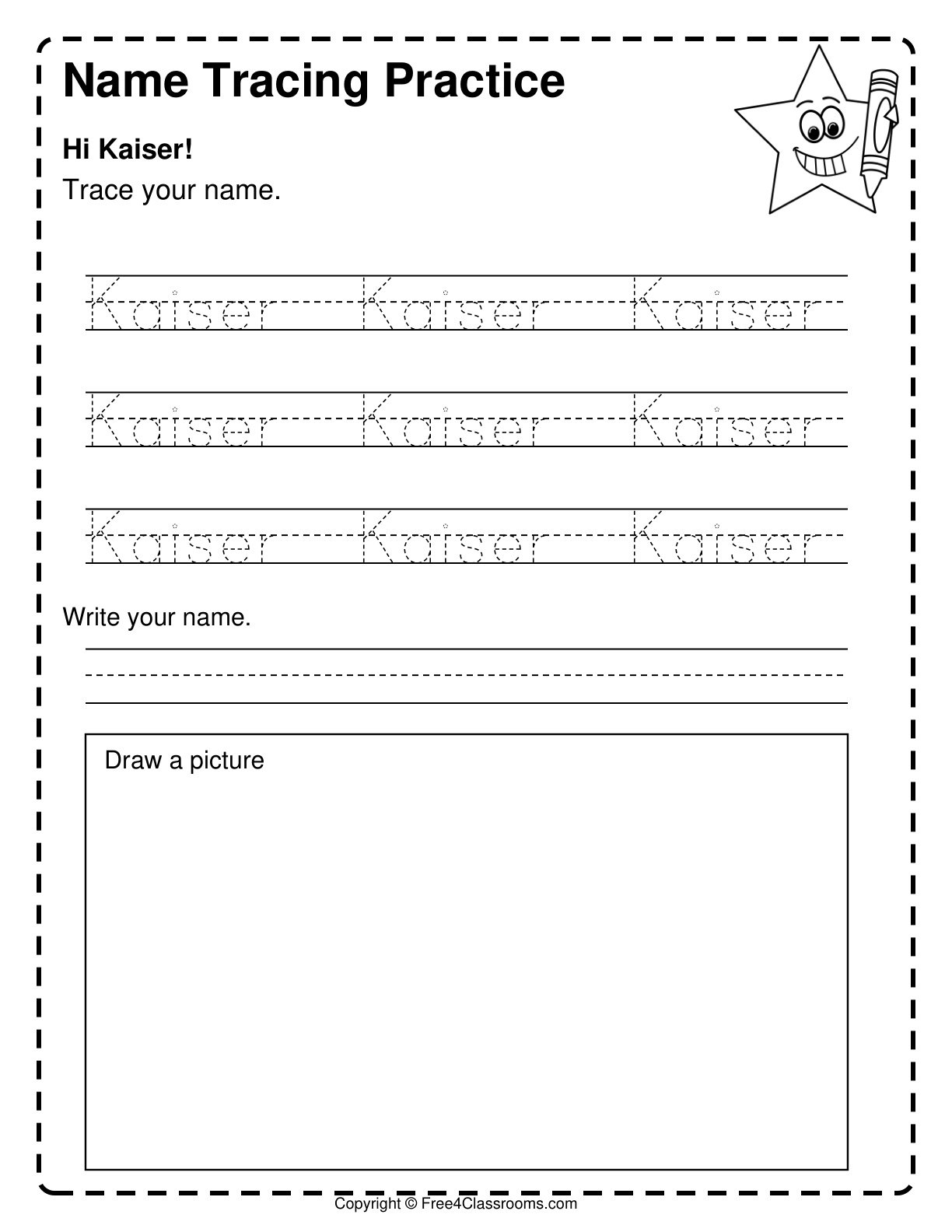 Free Printable Kaiser Name Writing Worksheet