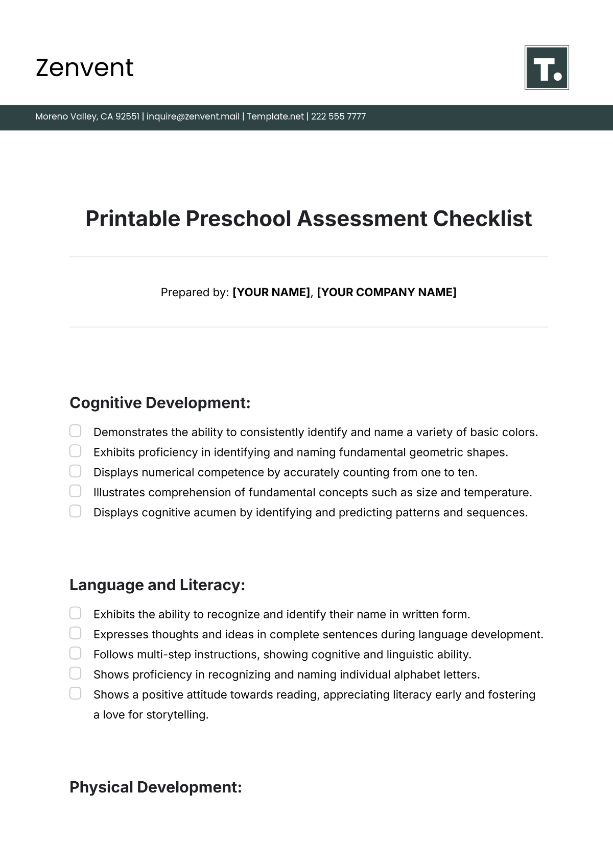 Free Printable Preschool Assessment Checklist Template To Edit Online