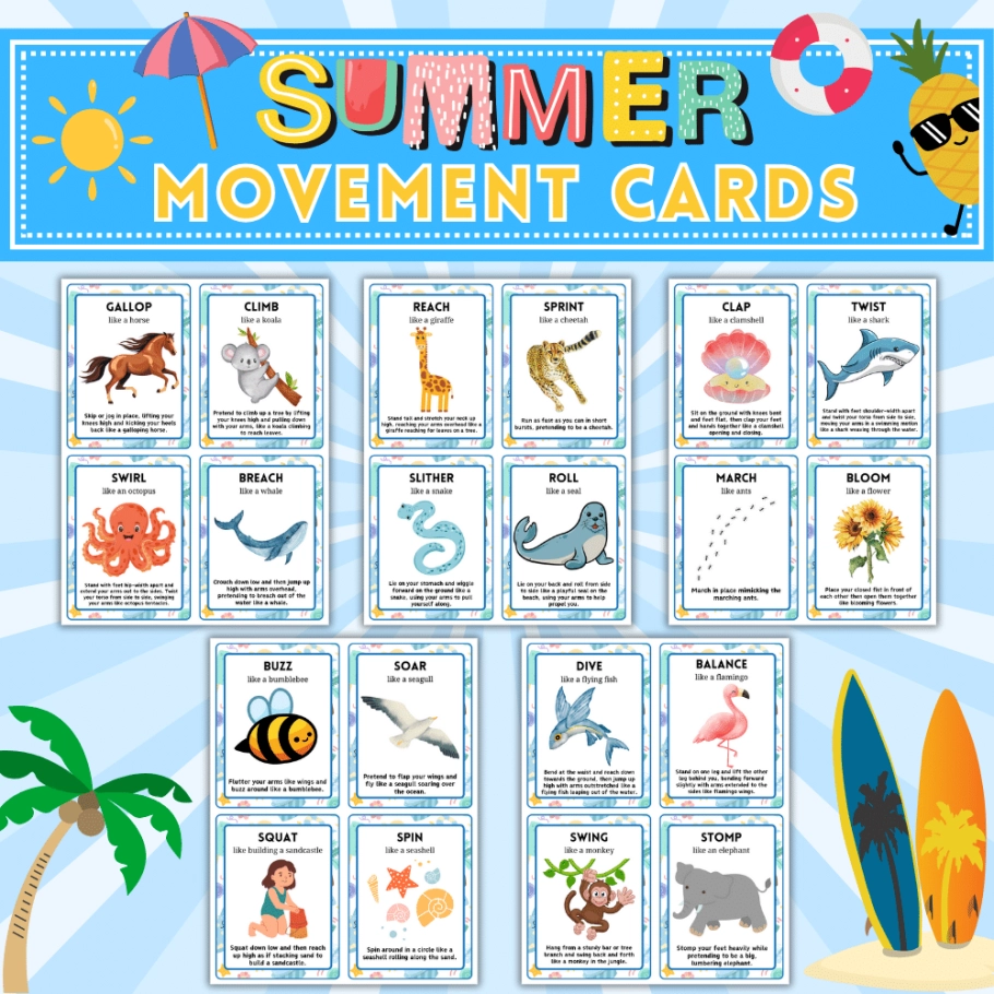 Free Printable Summer Movement Cards For Kids In The Playroom
