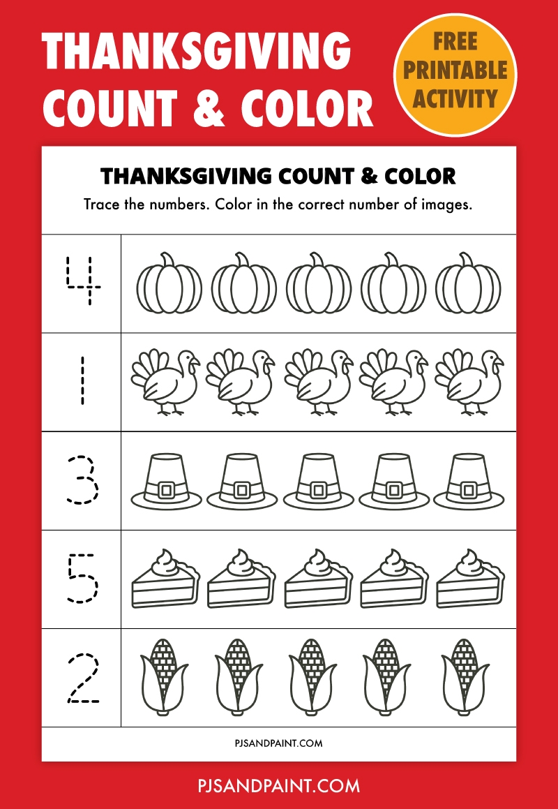Free Printable Thanksgiving Count And Color Worksheet Pjs And Paint