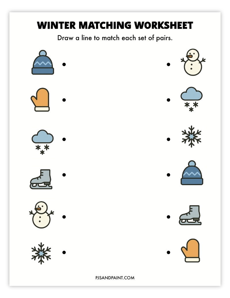 Free Printable Winter Matching Worksheet Pjs And Paint