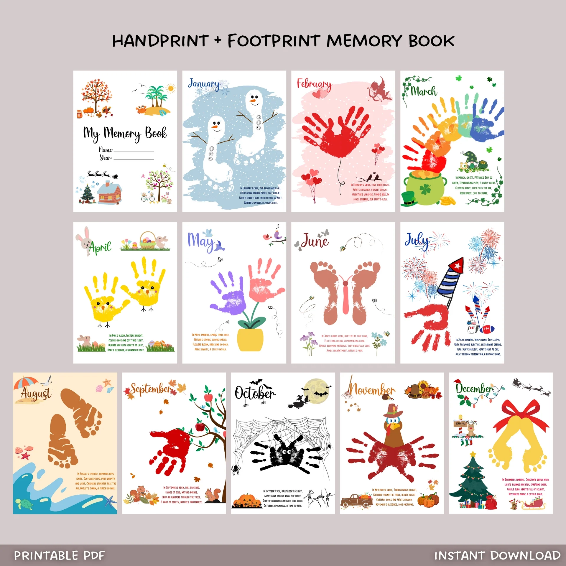 Handprint Memory Book Printable DIY Footprint Art Kids Activity Mont Scribbled LLC