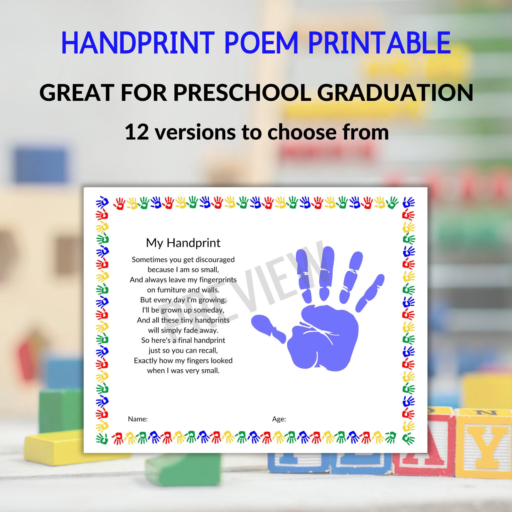 Handprint Poem Printable Preschool Graduation Etsy Hong Kong