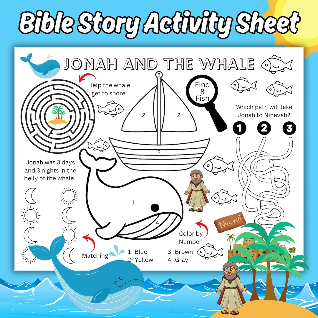 Jonah And The Whale Kids Printable Activity Sheet Bible Story Coloring Activity Page Jonah And The Whale Sunday School Activity Etsy