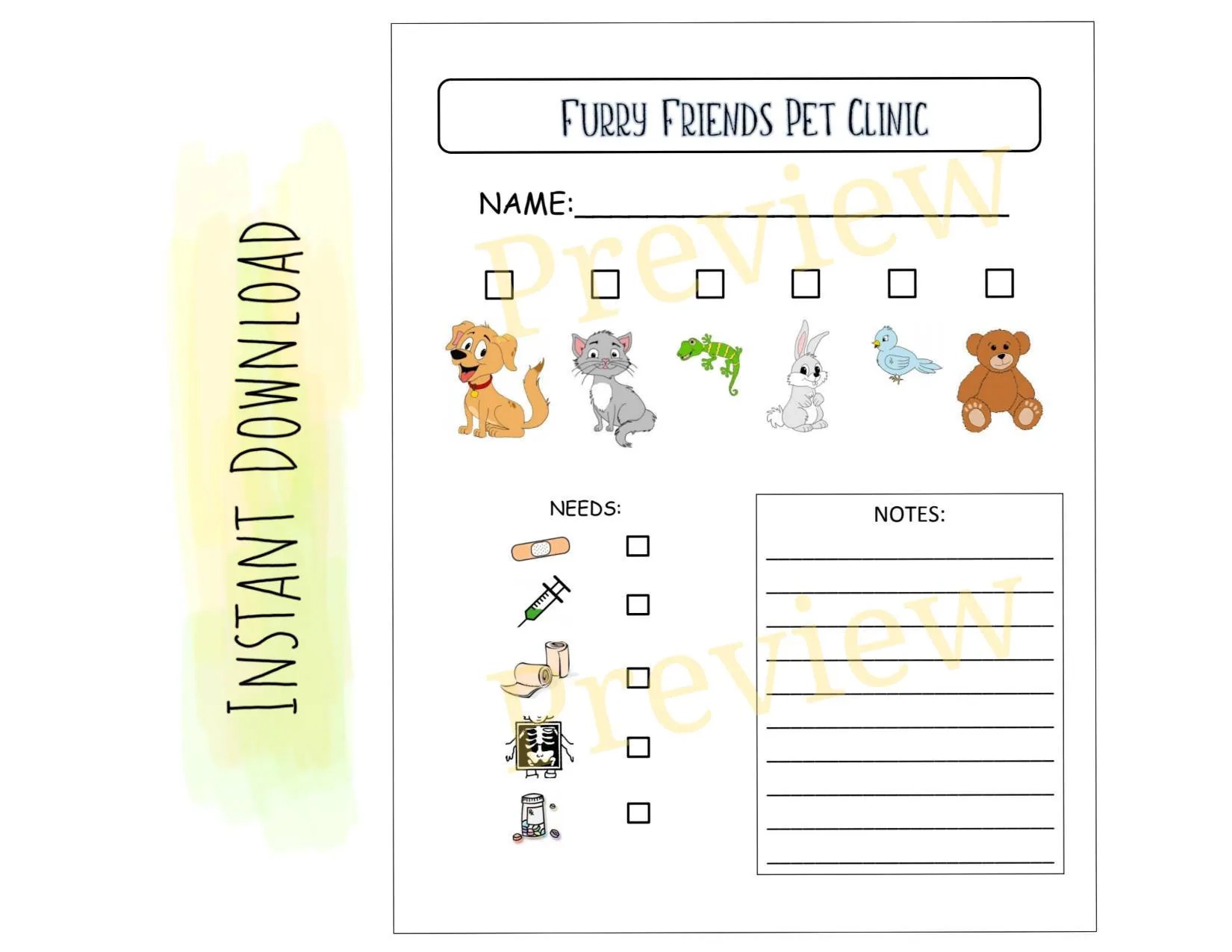 Kids Printable Vet Form Preschoolers Pretend Play Etsy