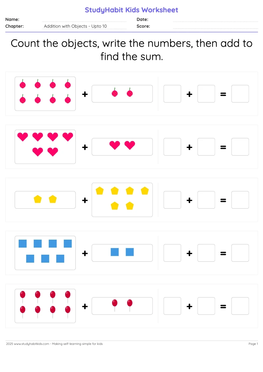 Kindergarten Addition Worksheets Add Objects And Write The Sum Upto 10 Kindergarten Addition Worksheets Add Objects And Write The Sum Upto 10