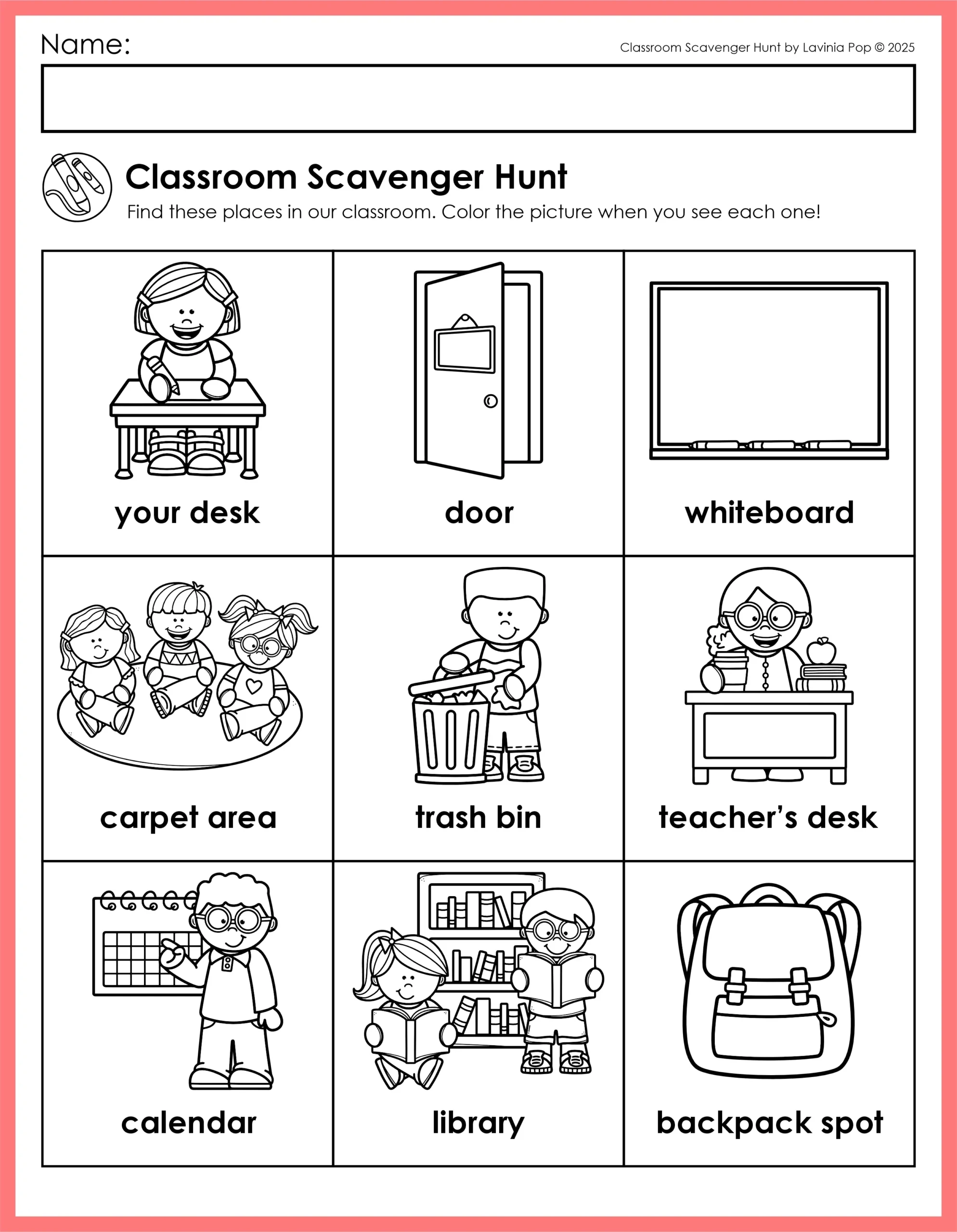 Kindergarten Classroom Scavenger Hunt Free Printable