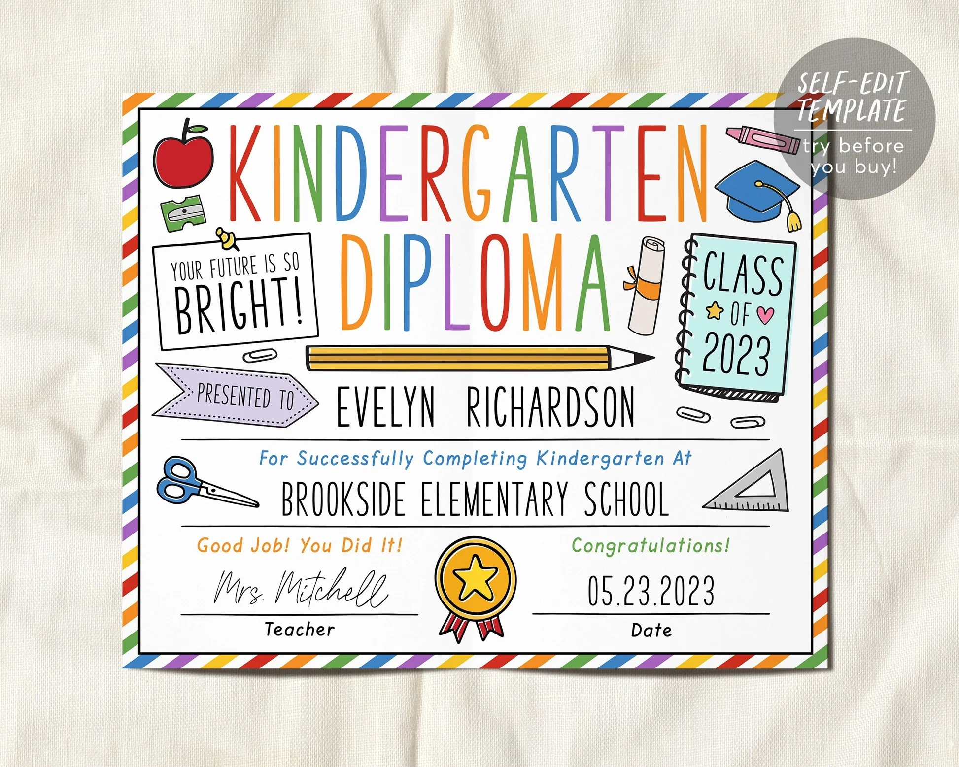 Kindergarten Graduation Diploma Editable Template Kindergarten Certif Puff Paper Co