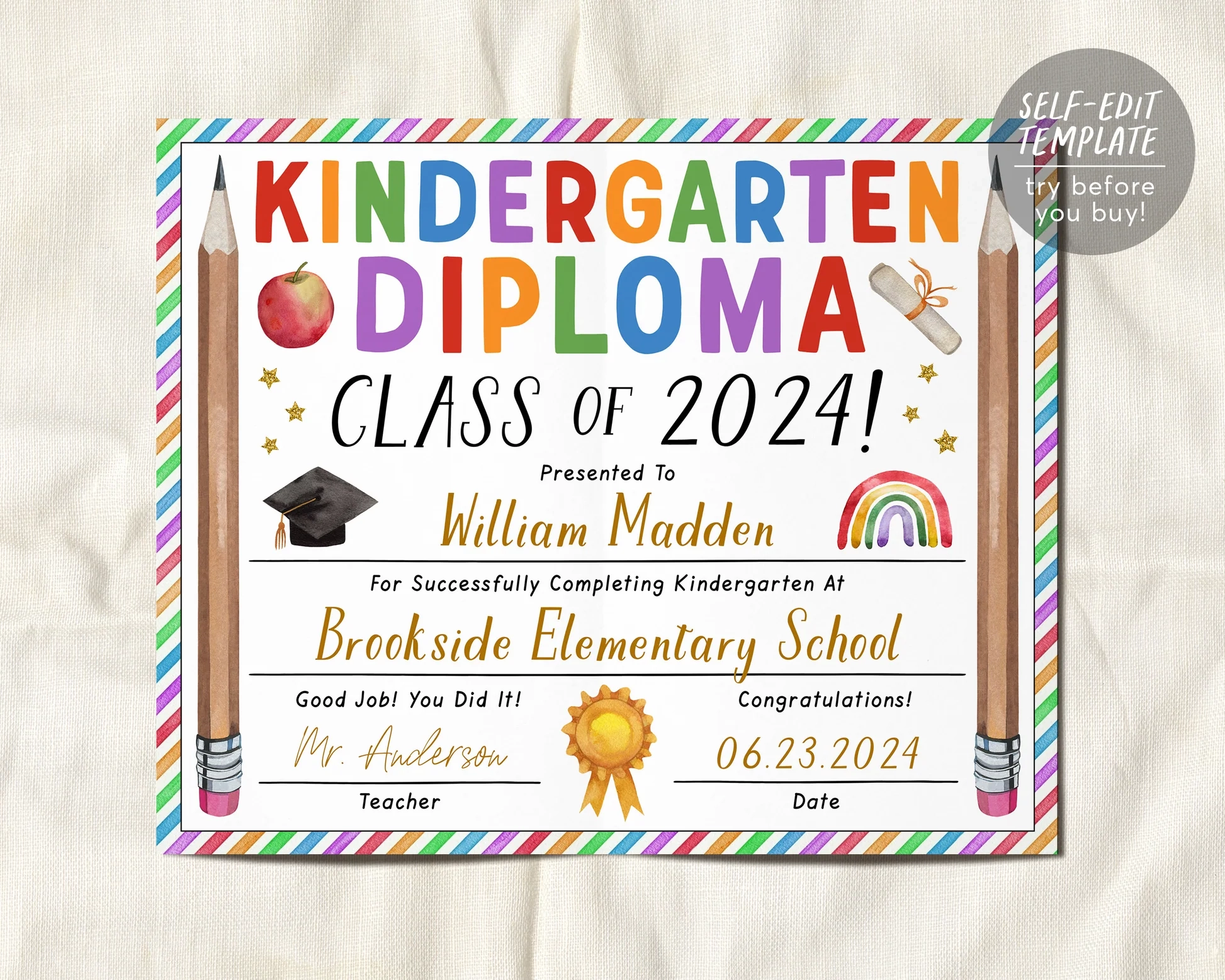 Kindergarten Graduation Diploma Editable Template Kindergarten Certif Puff Paper Co