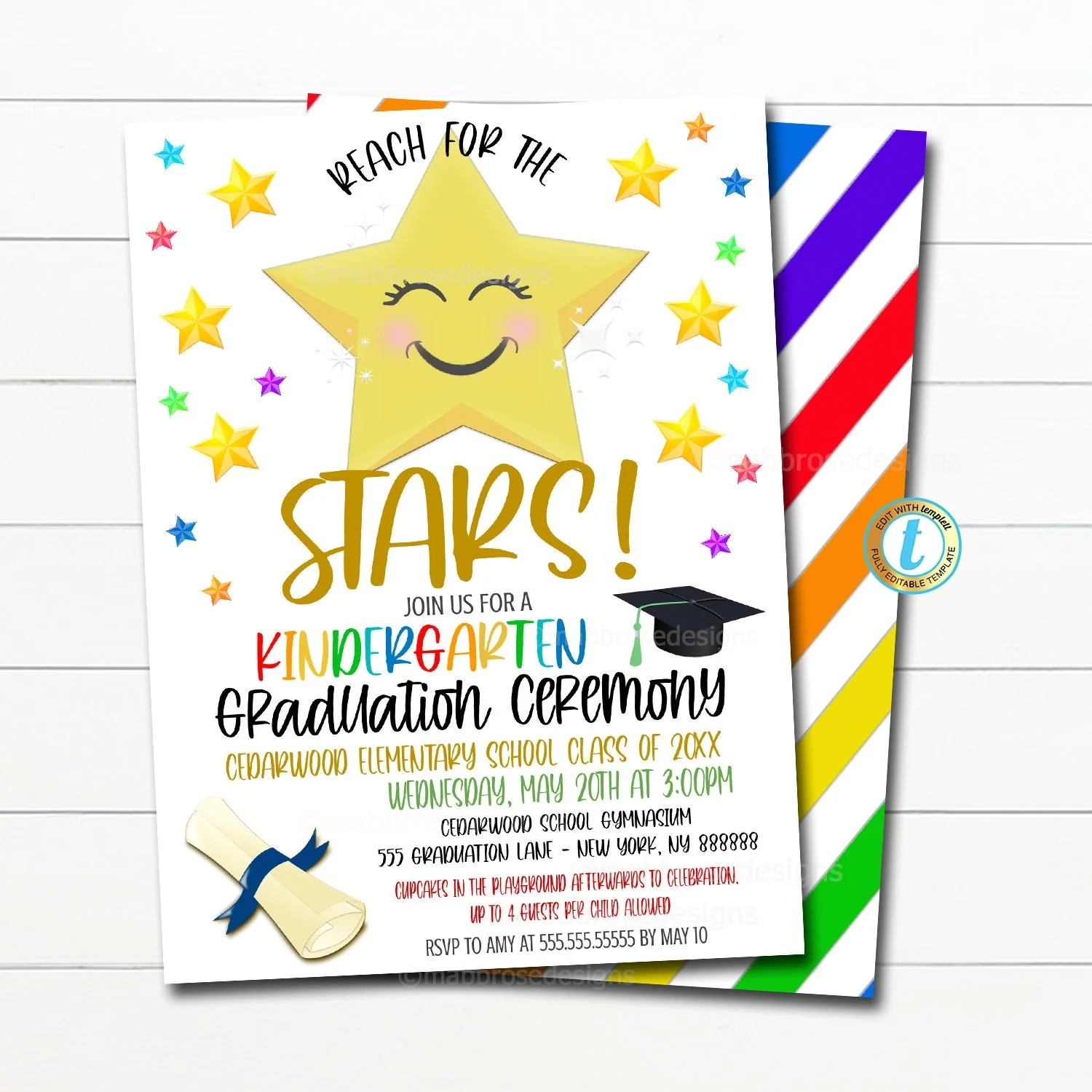 Kindergarten Graduation Invitation Reach For The Stars Theme TidyLady Printables